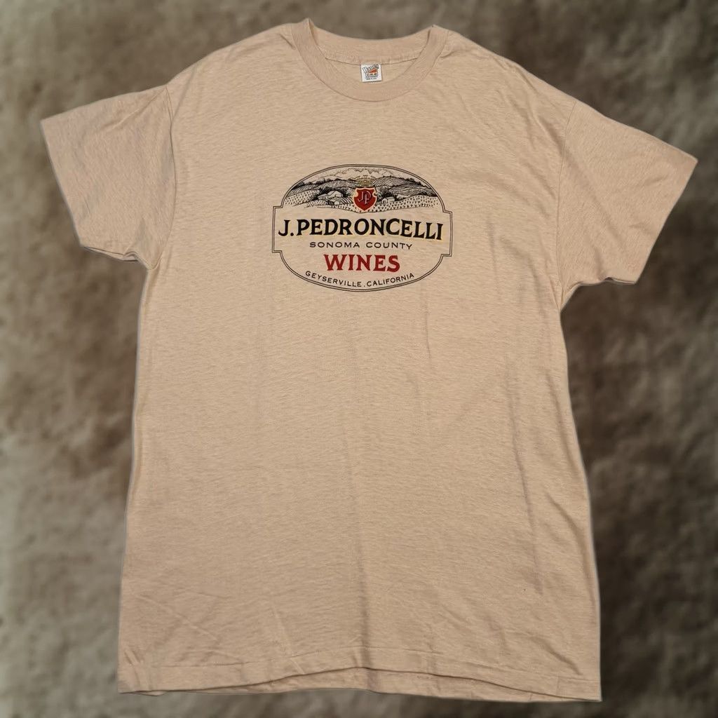 Hanes Vintage Hanes Shirt Mens XL Beige Crew Neck 100% Cotton Graphic Tee J. Pedroncelli Sonoma County Wines Geyserville California USA Men’s Size US XL / EU 56 / 4 - 1 Thumbnail