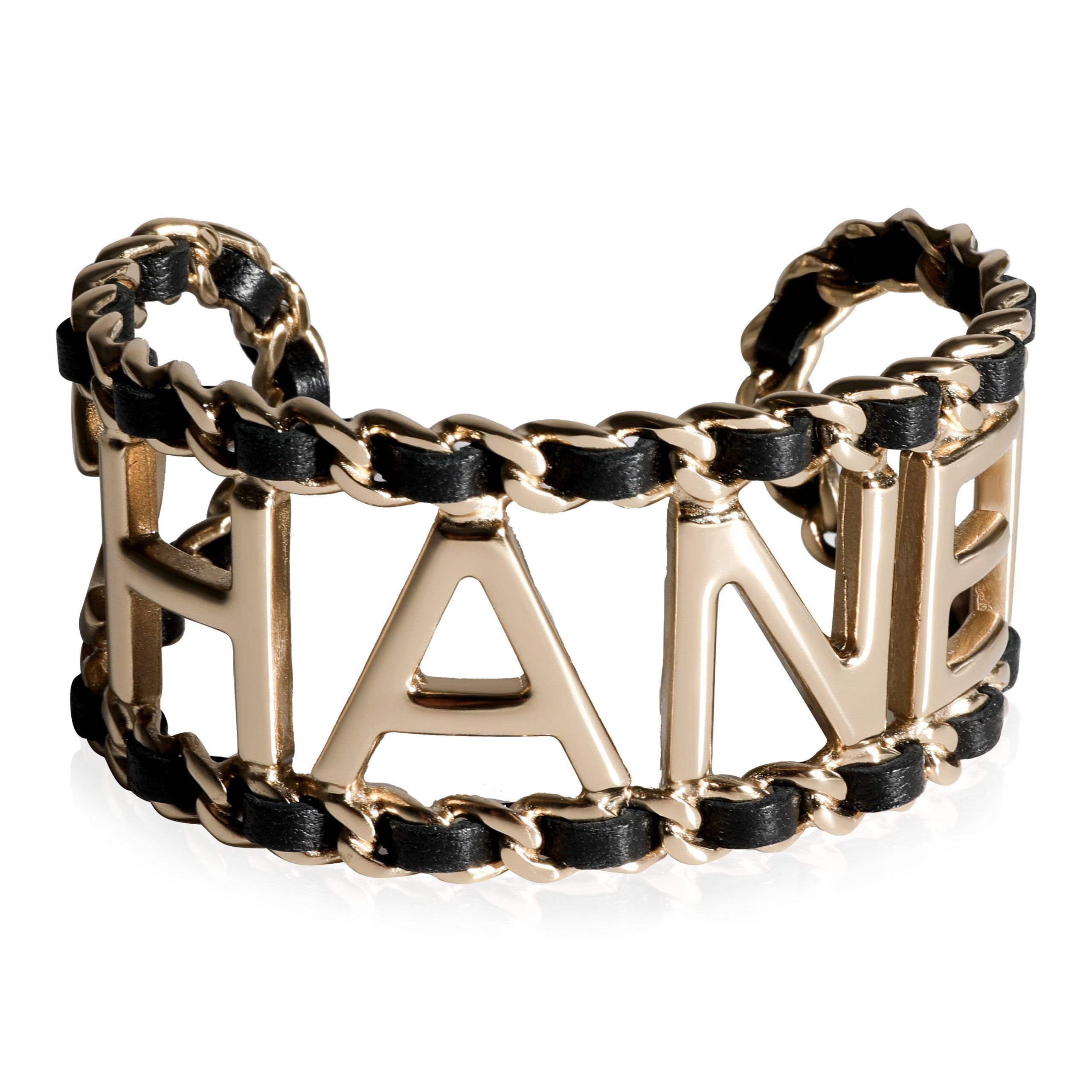 image of Gold Tone Chanel Leather Logo Chain Cuff, Size Medium, Women's