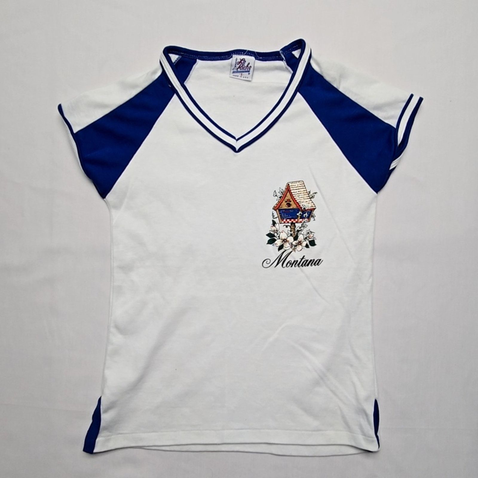 Vintage Vintage Montana Shirt La Riche V-Neck White Blue Small Tee Size S / US 4 / IT 40 - 1 Thumbnail