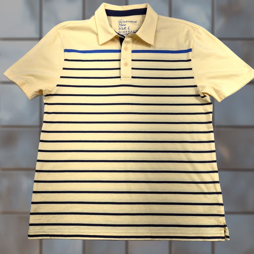 Vintage Giordano Polo Shirt Mens Large Yellow Stripe Tapered Fit Cotton Knit Casual Shirt Size US L / EU 52-54 / 3 - 1 Thumbnail