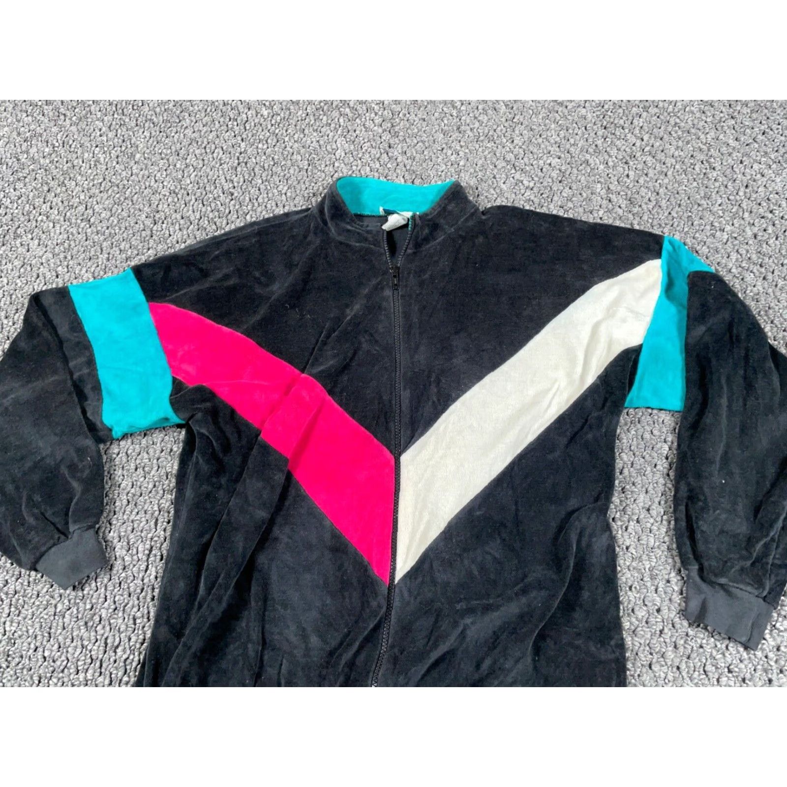 Velour VTG Boundary Waters Velour Zip Track Jacket Women's Medium Black Pink Teal Retro Unlined 90s 80s Classic Hipster Size M / US 6-8 / IT 42-44 - 5 Thumbnail