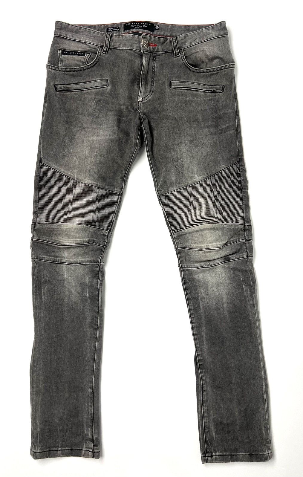 image of Philipp Plein Fw15 Ilegal Fight Club Biker Denim Jeans in Platinim Grey, Men's (Size 32)