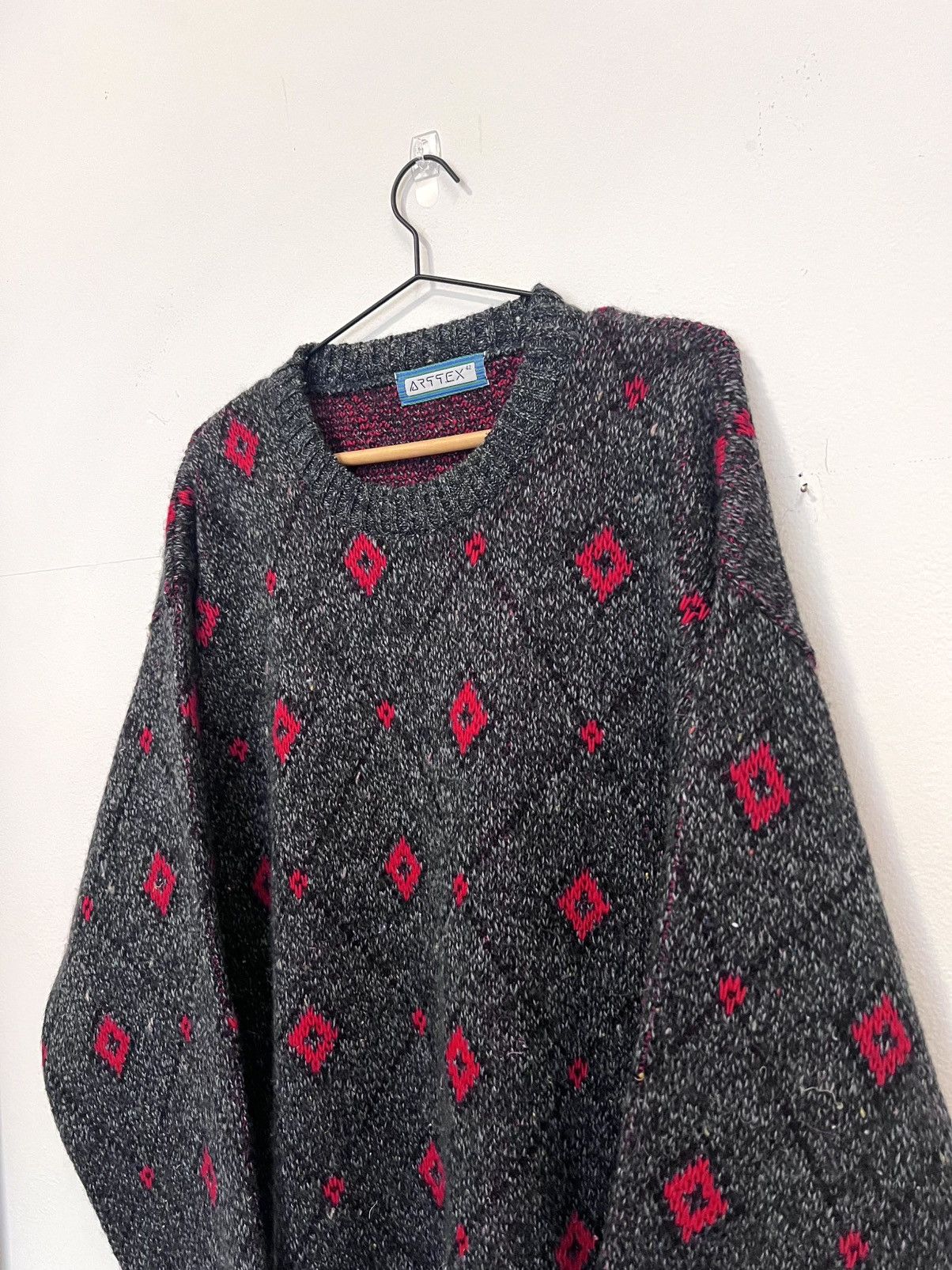 Artek 🖤♥️ Vintage 80s Artex Wool Sweater Charcoal Diamond Knit Size US M / EU 48-50 / 2 - 4 Thumbnail
