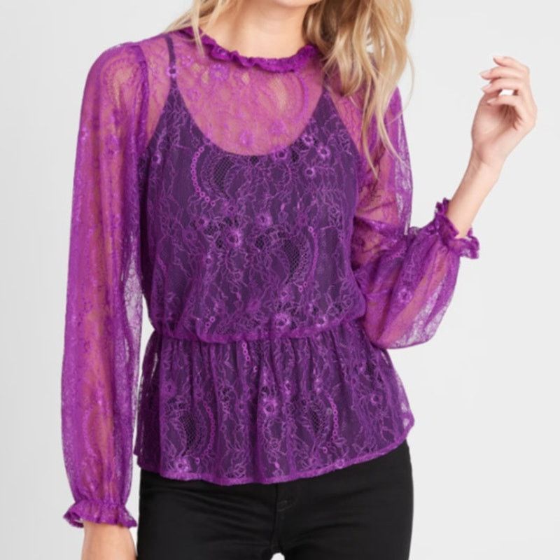 Banana Republic Banana Republic Women Sheer Lace Peplum Blouse PL Whimsigoth Size L / US 10 / IT 46 - 1 Thumbnail