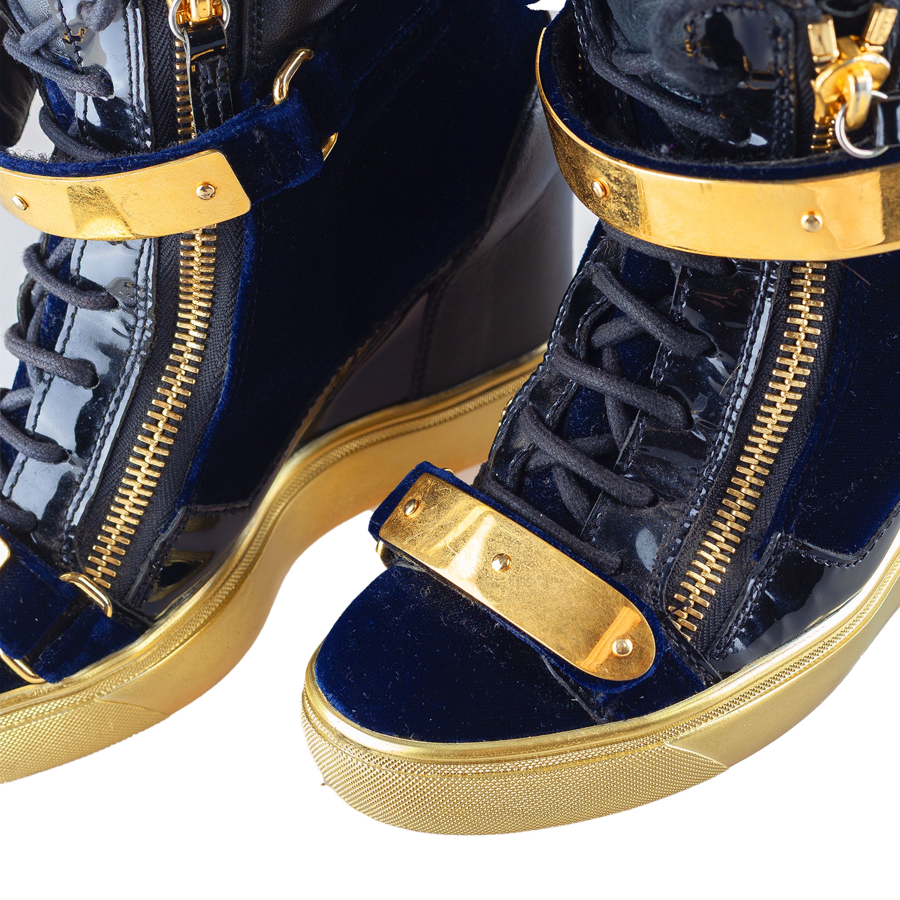 Giuseppe Zanotti Giuseppe Zanotti Navy Golden Velour Wedge Sneakers Size US 6.5 / IT 36.5 - 8 Thumbnail