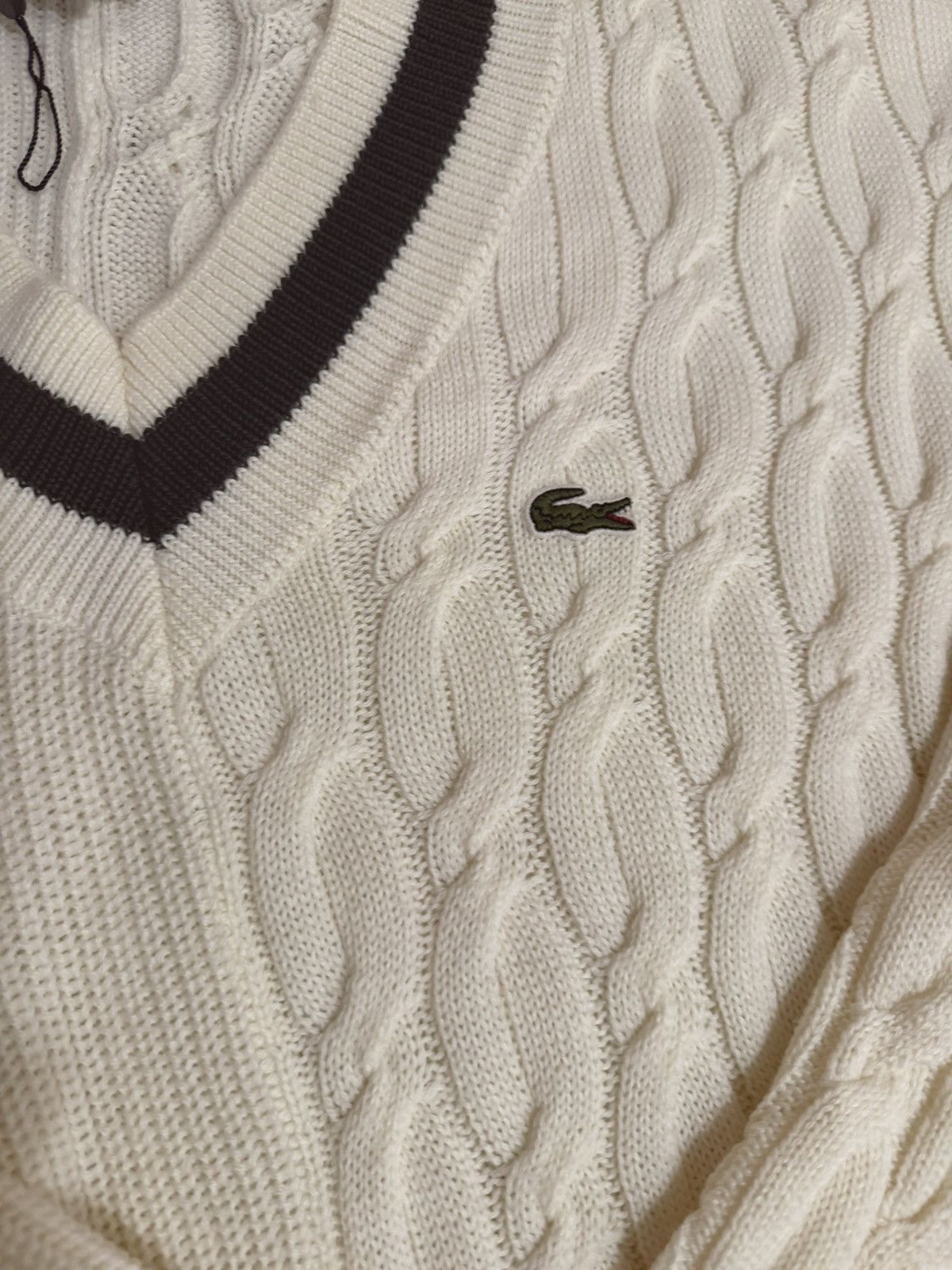 Lacoste Lacoste V-Neck Wool Cable Knit Striped Sweater Size US L / EU 52-54 / 3 - 2 Thumbnail