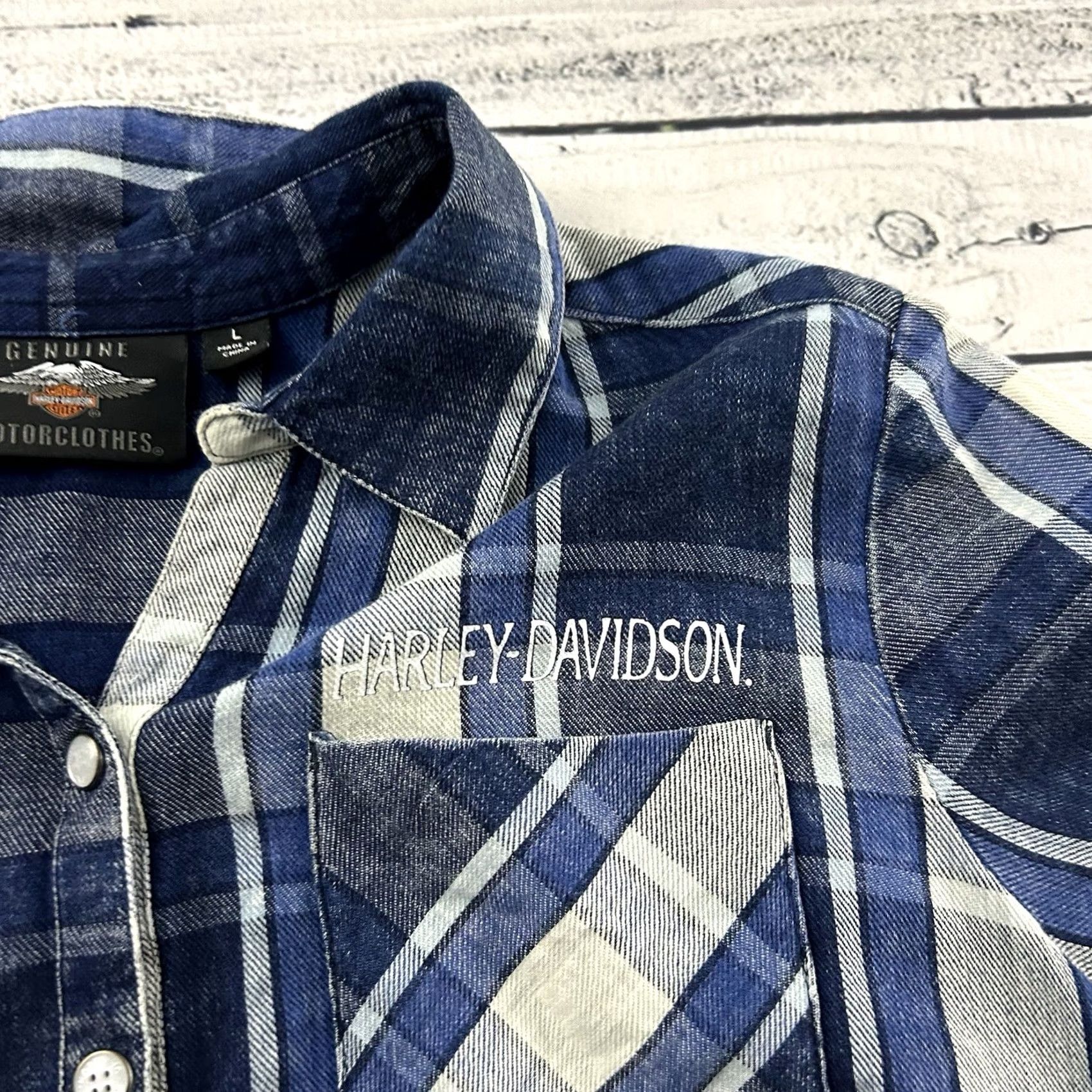 Harley Davidson Harley-Davidson Short Sleeve Plaid Snap Button-Up Shirt Women's L Blue Size L / US 10 / IT 46 - 3 Thumbnail