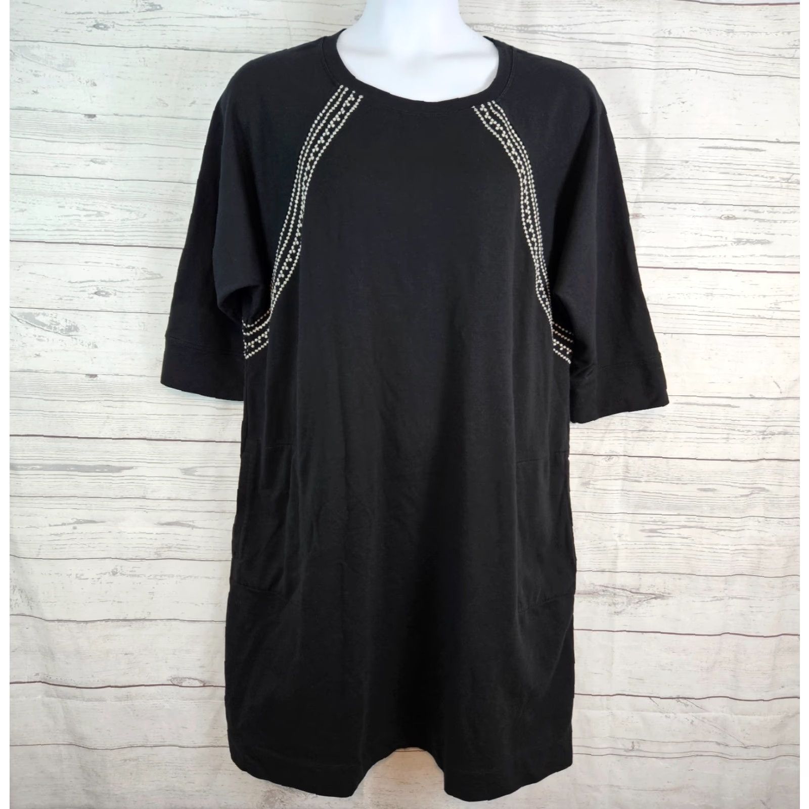 J. Jill J Jill Fit Womens Sweatshirt Dress 2X Black Embroidered Pockets Cotton Blend Knit Dress Shirt? Size XXL / US 16-18 / IT 52-54 - 2 Thumbnail
