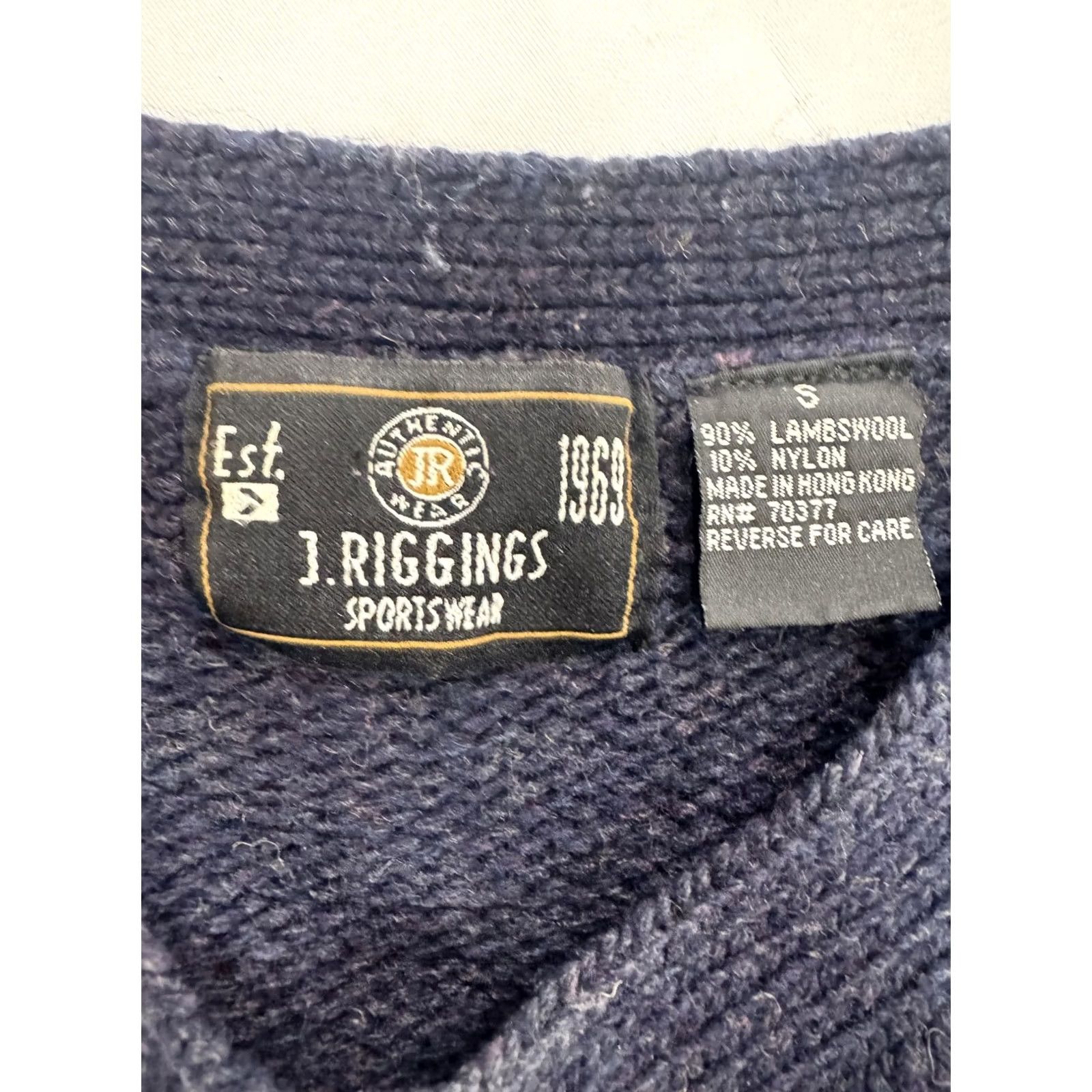 Vintage VINTAGE J. Riggings Sportswear Men's V-Neck Sweater Navy Blue S Ribbed Cuffs Ribbed Hem Heathered Solid Fall Winter 90s Mens Size US S / EU 44-46 / 1 - 4 Thumbnail