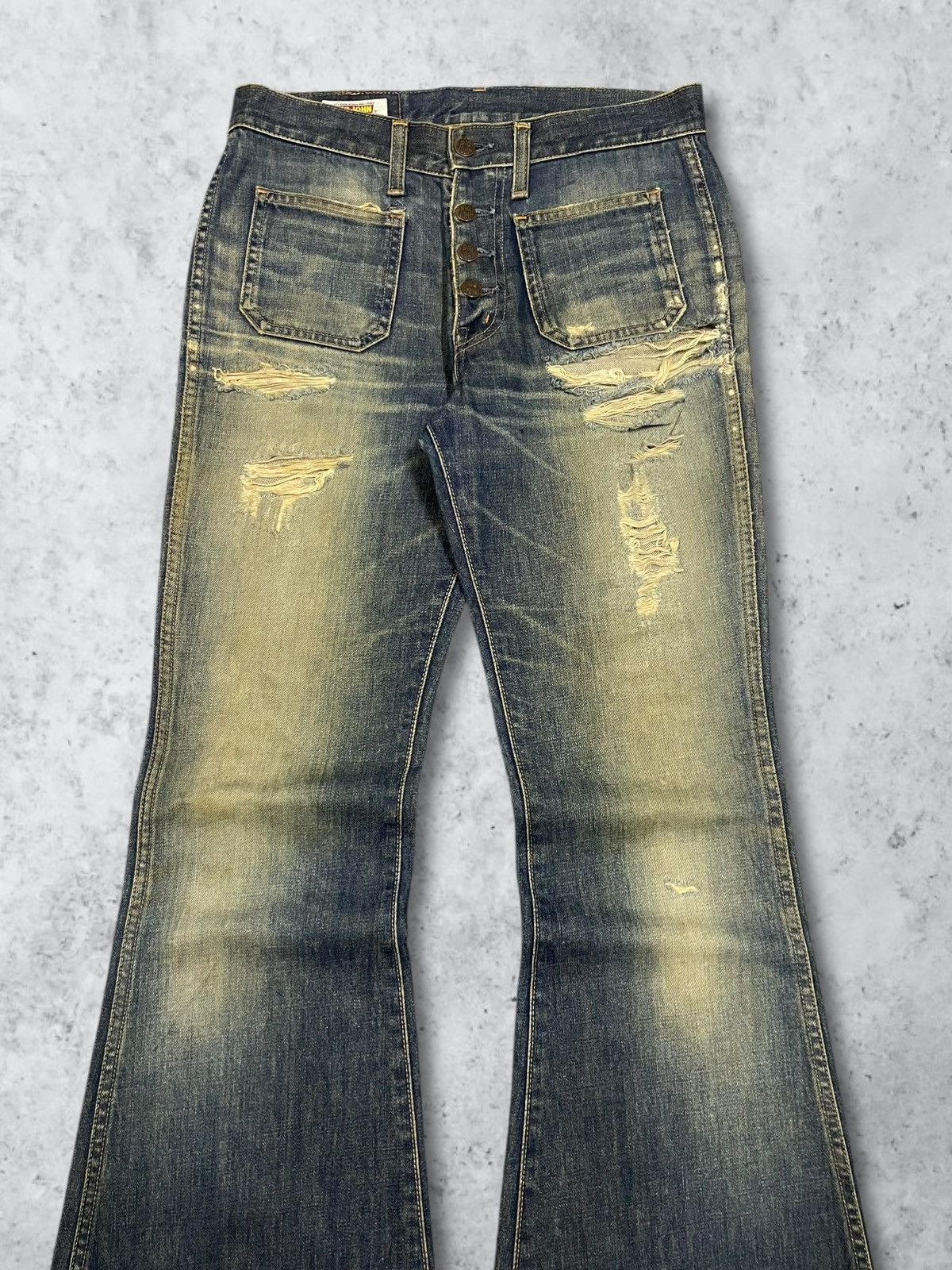 Big John Vintage Big John Distressed Mud Wash Flare Bush Button Jeans Size 30" / US 8 / IT 44 - 2 Thumbnail