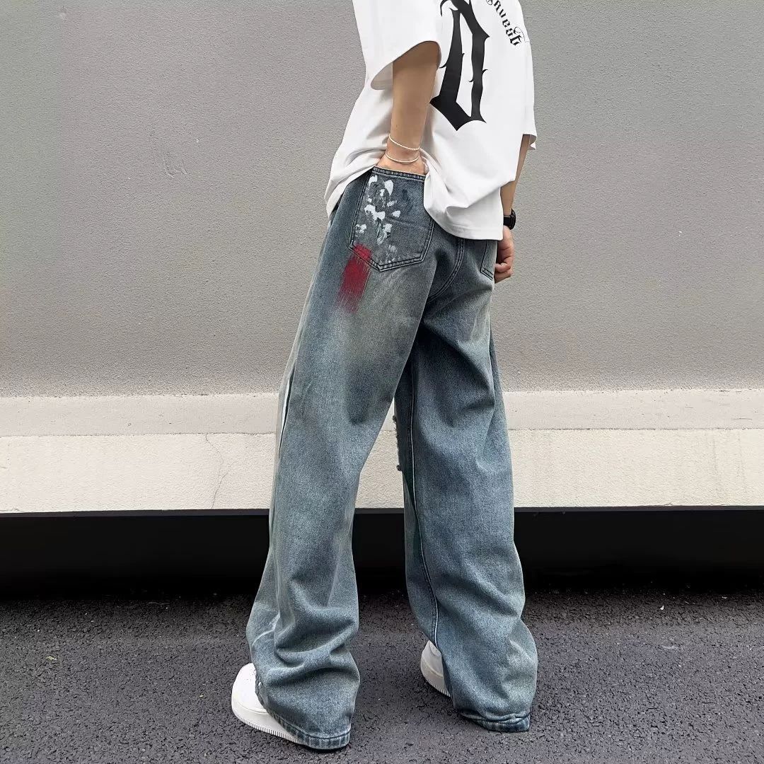 Japanese Brand Men's loose wide-leg straight-leg washed ripped jeans Size US 32 / EU 48 - 4 Thumbnail