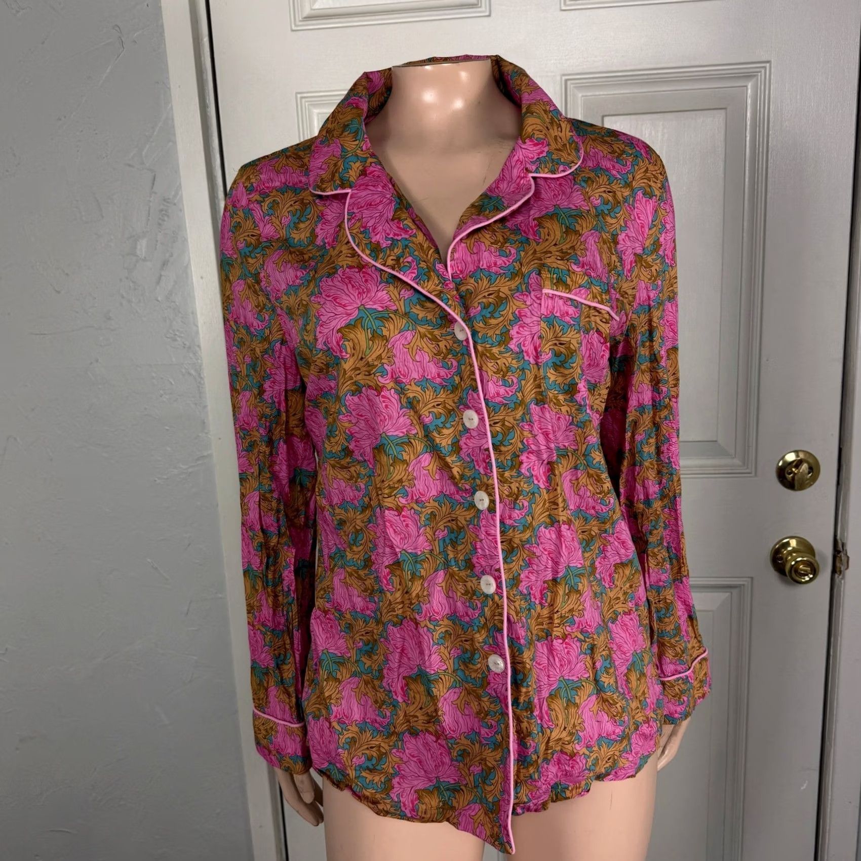 Liberty London Liberty London Women's Pajama Top Shirt Floral Sleep Shirt Pink Cotton Silk Lightweight Button Long Sleeve Small S Size S / US 4 / IT 40 - 2 Thumbnail