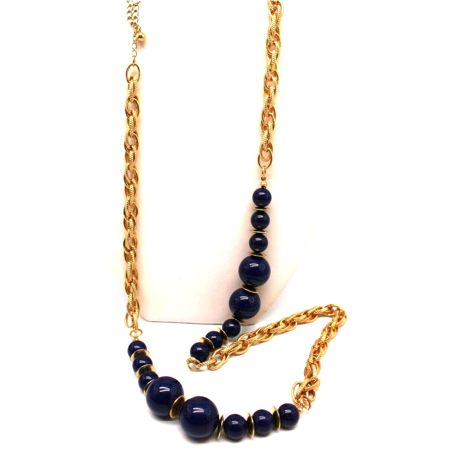 Other Dark Blue Beads Goldtone Chain Necklace Discs 35" •Marked CN Size ONE SIZE - 1 Thumbnail