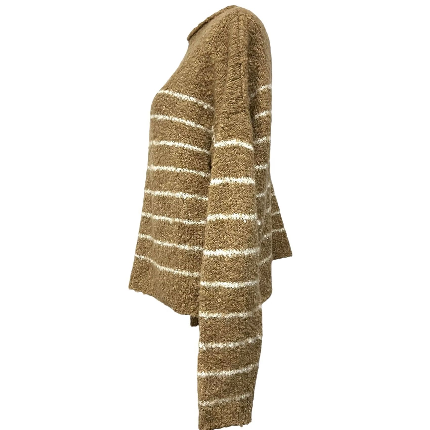 J.Crew J.Crew Women’s Sweater Boucle Rollneck Tan White Striped Pullover Soft Sz L Size L / US 10 / IT 46 - 3 Thumbnail