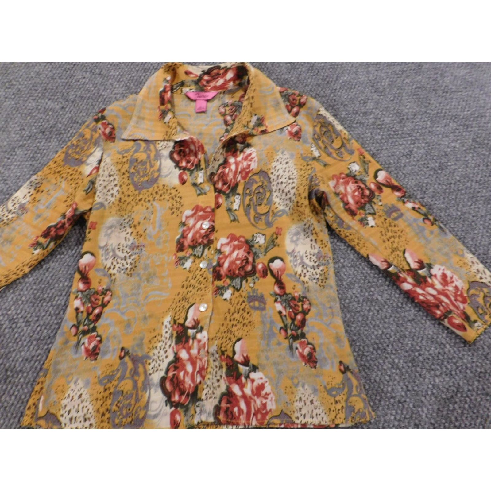 Vintage Fuchsia Womens Blouse Button-Up Short Sleeve Floral Yellow L Regular Cotton? (Note: Original materials mention Polyester/Rayon; no Cotton in original) Size L / US 10 / IT 46 - 3 Thumbnail