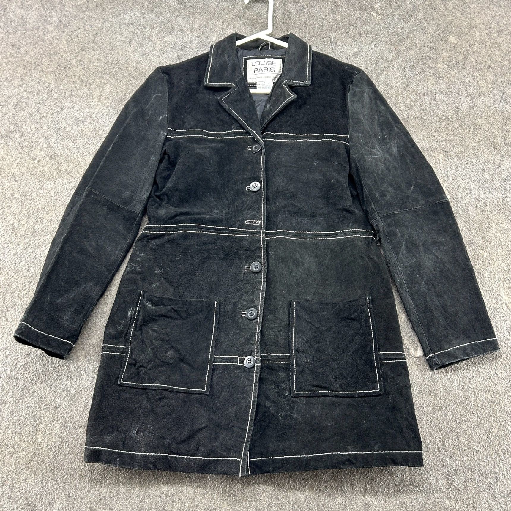 Vintage Louise Paris Coat Womens L Black Leather Overcoat Lined Thick Suede Polyester Button Missing Loose Paris Theme Womens L Black Leather Coat Size L / US 10 / IT 46 - 2 Thumbnail
