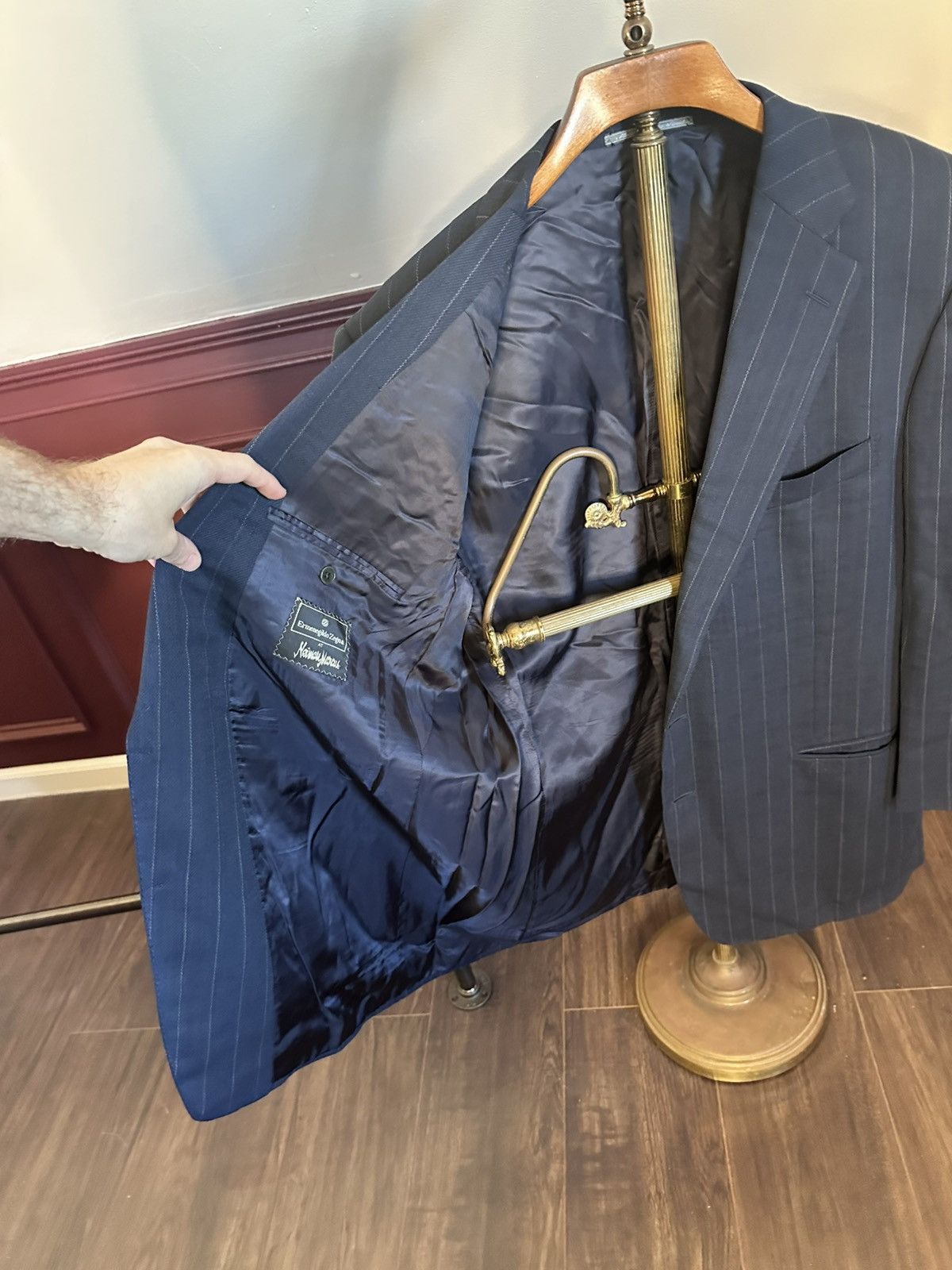 Ermenegildo Zegna Custom tailored navy pinstriped woven wool jacket Size 46R - 9 Thumbnail
