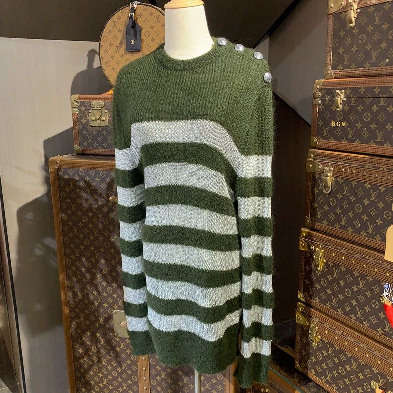Balmain Green Striped Sweater by Balmain Size US L / EU 52-54 / 3 - 1 Thumbnail