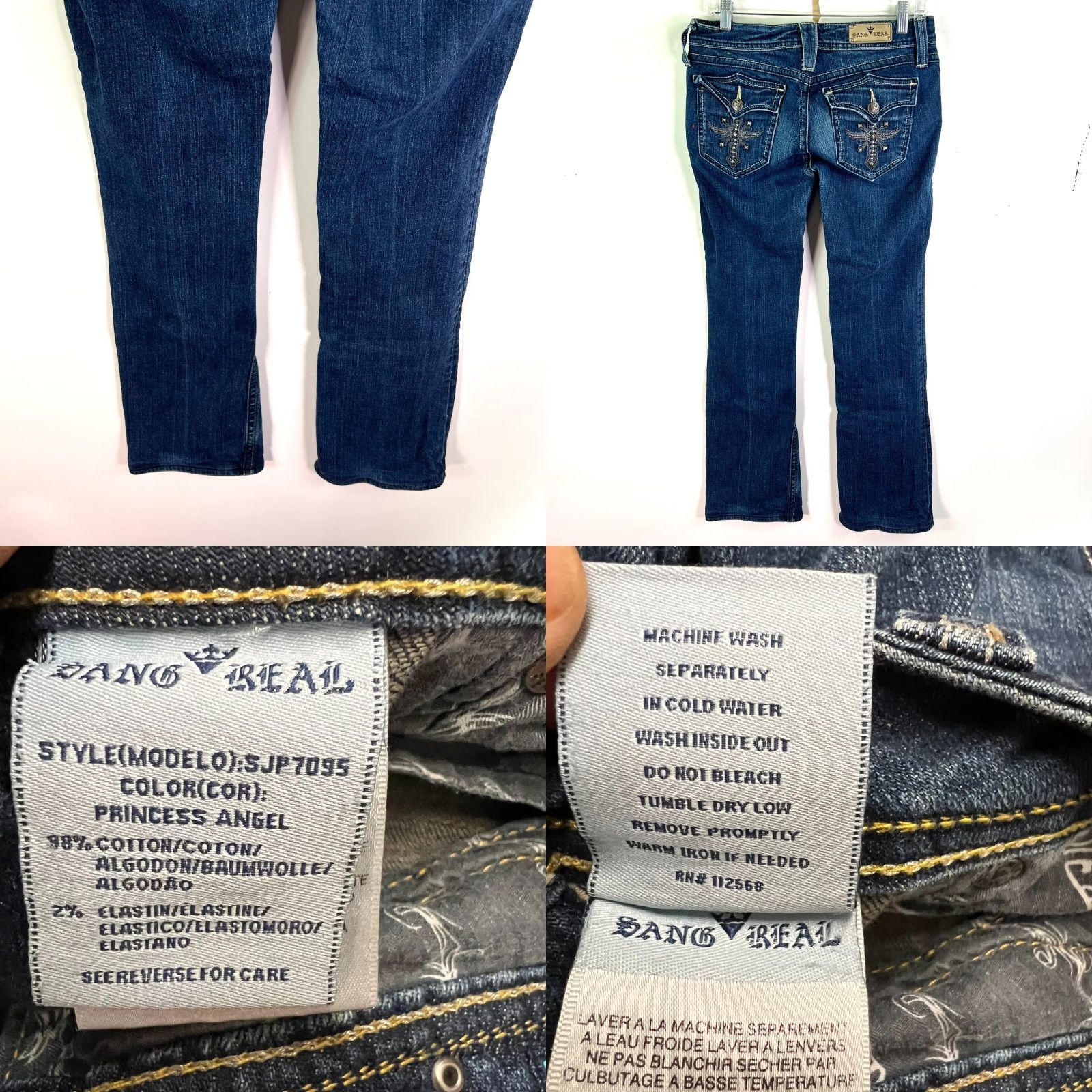 Vintage VINTAGE Sang Real Princess Angel Jeans Women 29 Boot Cut Denim Blue Embroidered Rhinestone Studded 5-Pocket Low Rise 32 Inseam 90s Bohemian Womens Size 29" - 8 Thumbnail