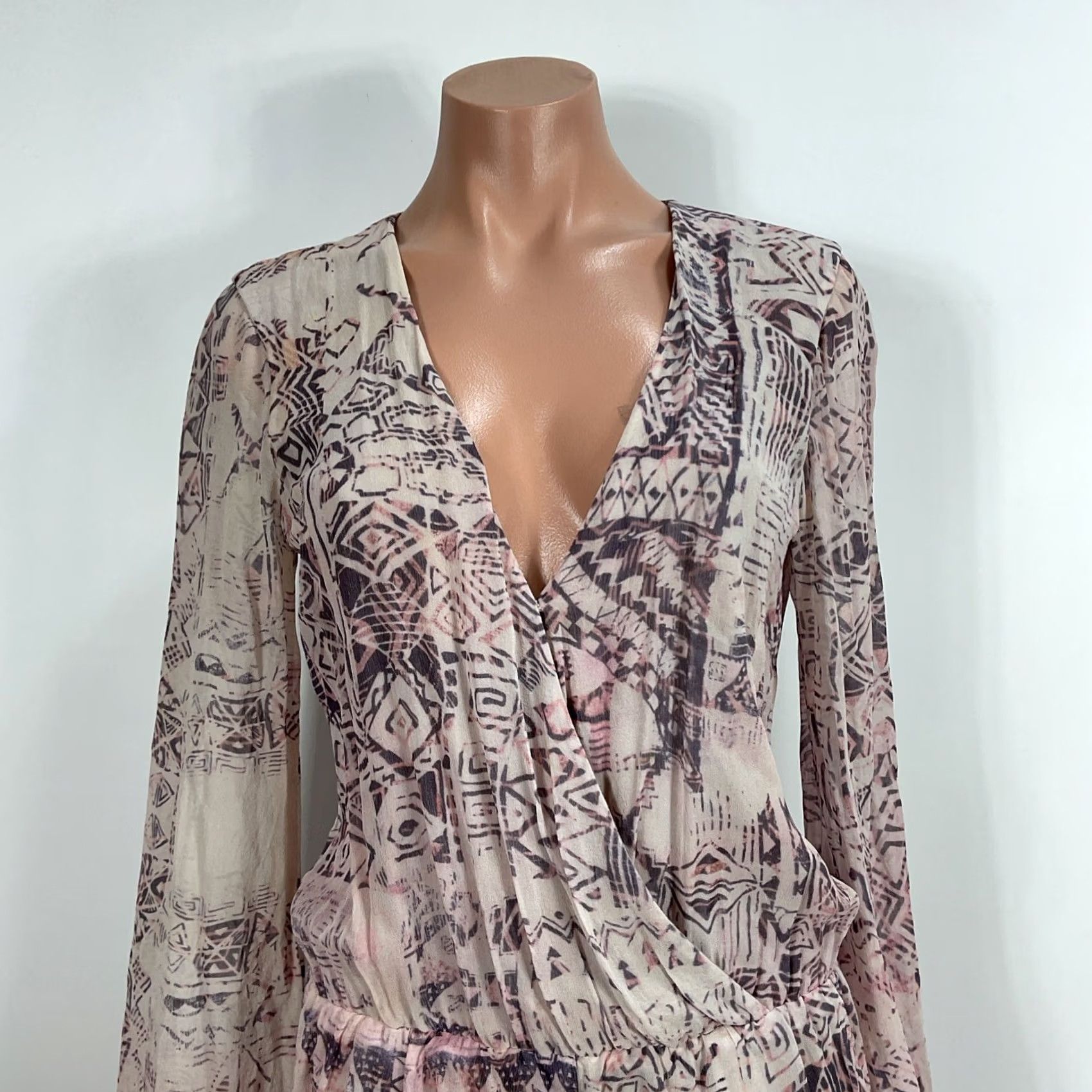 Bell Rory Beca Womens Romper Jumpsuit 0 Pink 100% Silk Geometric V-Neck 3/4 Bell Sleeve One-Piece Size 25" / US 0 / IT 36 - 3 Thumbnail