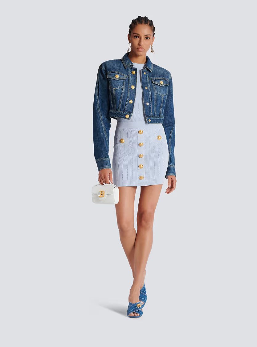 Balmain o1s1wg111225 Knit Skirt With Buttons in Light Blue Size 30" / US 8 / IT 44 - 4 Thumbnail