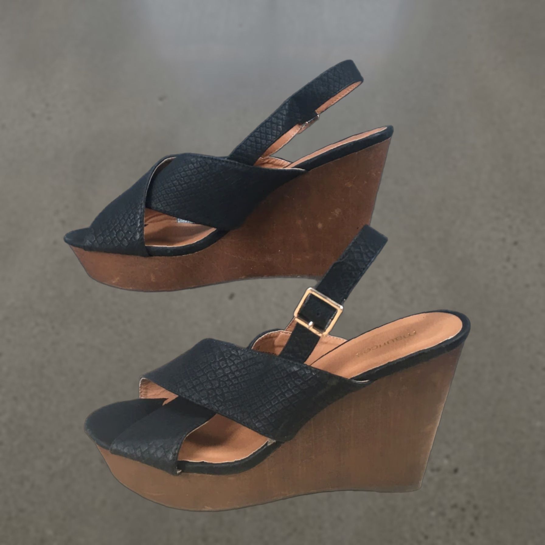 Vintage Maurices Sandals Womens 11 Beverly Slingback Wedge Heels Black Faux Leather Size US 11 / IT 41 - 1 Thumbnail