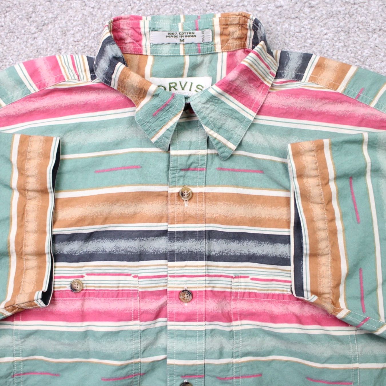 Orvis Orvis Shirt Mens Medium Green/Pink Striped 100% Cotton Short Sleeve Button-Up Shirt Size US M / EU 48-50 / 2 - 2 Thumbnail