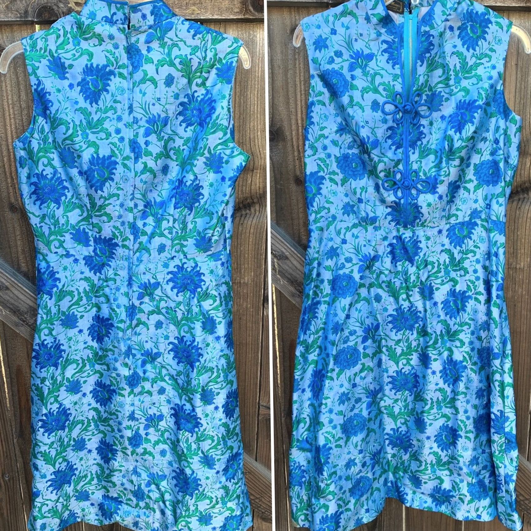 Vintage VINTAGE Thai Silk Dress Floral Metal Zipper cheongsam tiki mod Dress 100% Silk Blue 1960s Womens Size 4XL / US 24-26 - 6 Thumbnail