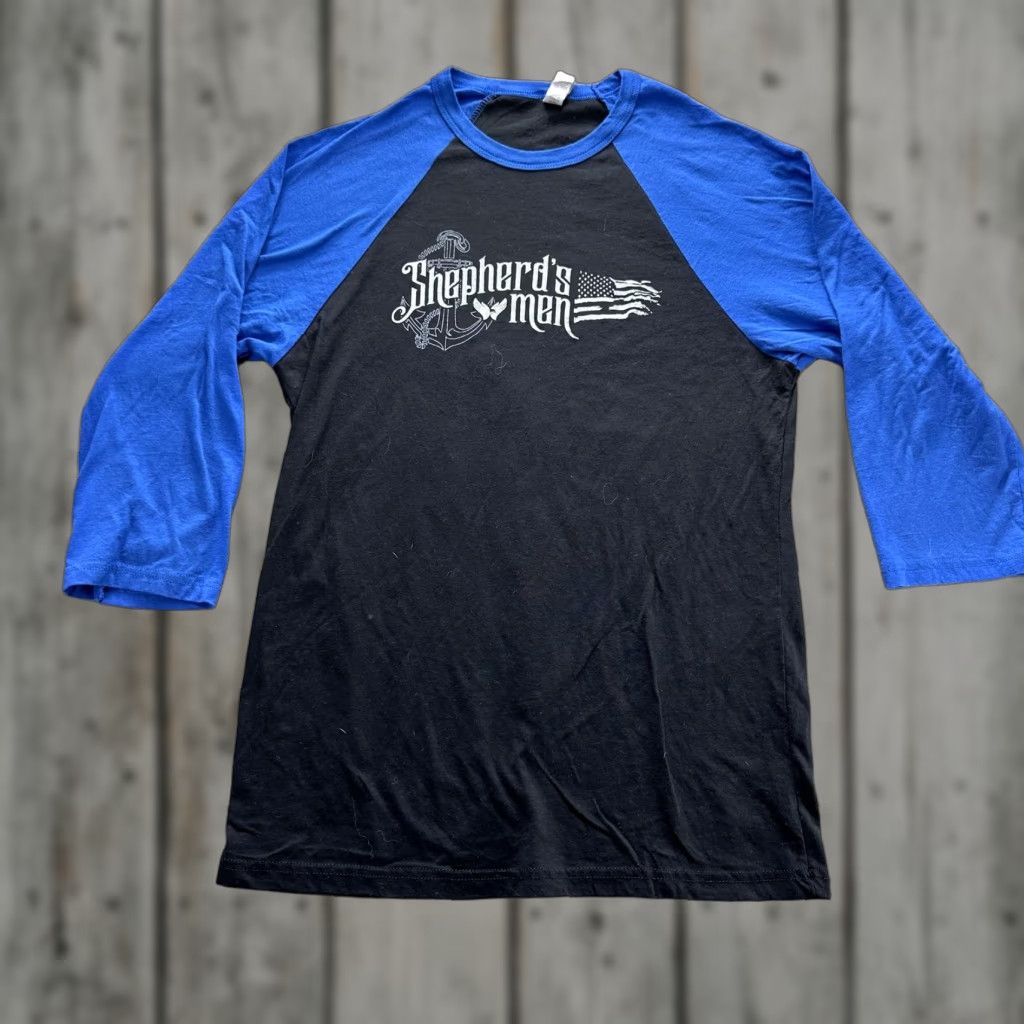 Vintage Shepherd's Men Shirt Mens Medium Black Blue Raglan 3/4 Sleeve Graphic Tee Size US M / EU 48-50 / 2 - 1 Thumbnail