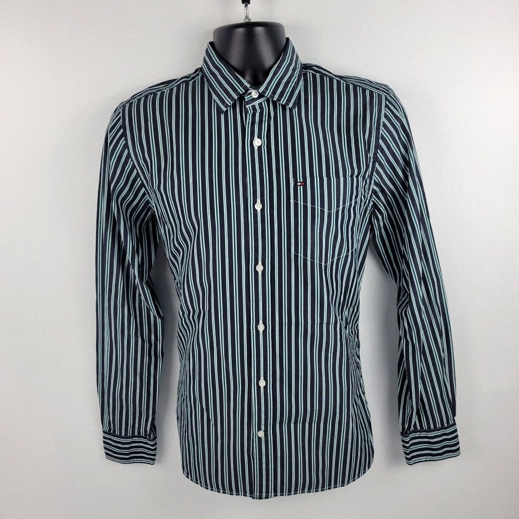 Tommy Hilfiger VINTAGE Tommy Hilfiger Dress Shirt S Green Striped 80s Mens Short Sleeve Button-Front Custom Fit T51 Size 36R - 2 Thumbnail