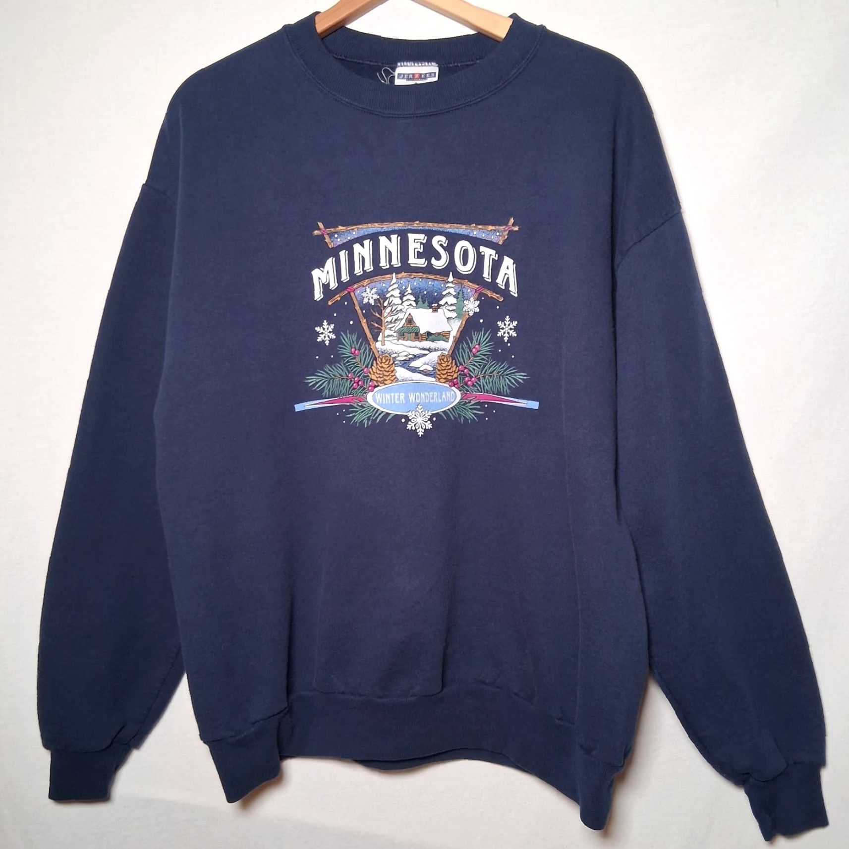 Jerzees VINTAGE Minnesota Sweatshirt Large L Blue Cotton Blend Knit Jerzees NuBlend Crewneck Pullover Graphic Winter Wonderland Nature Cabincore Mens Size US L / EU 52-54 / 3 - 2 Thumbnail
