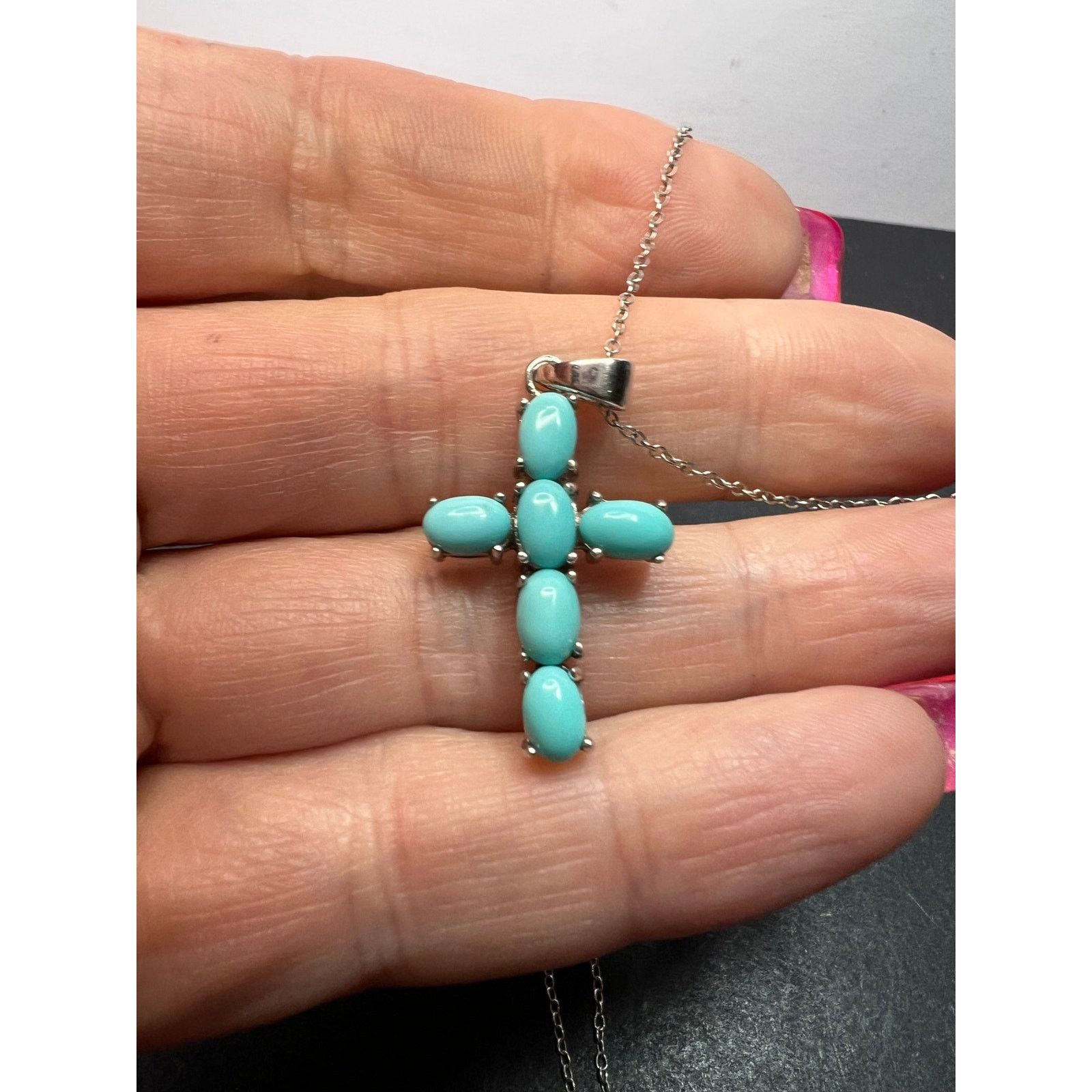 Other Turquoise cross pendant and chain in rhodium over sterling Size ONE SIZE - 3 Thumbnail