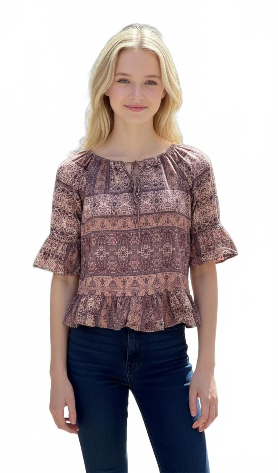 Other Knox Rose Boho Rayon Printed Ruffle Sleeve Top Size Small Size S / US 4 / IT 40 - 1 Thumbnail
