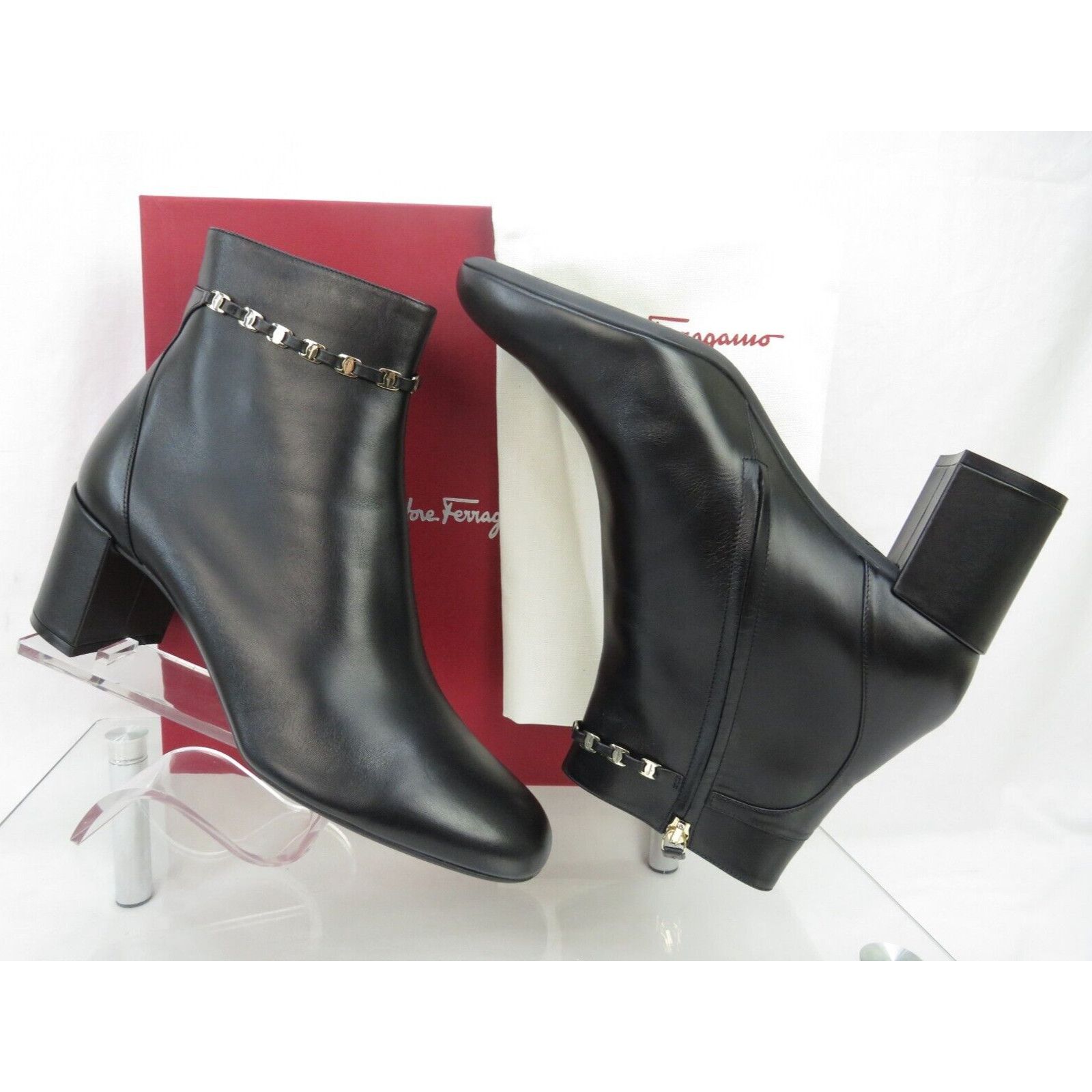 Salvatore Ferragamo GHILA BLACK LEATHER GANCINI CHAIN ZIP HEEL ANKLE BOOTS 11 C Size US 11 / IT 41 - 4 Thumbnail