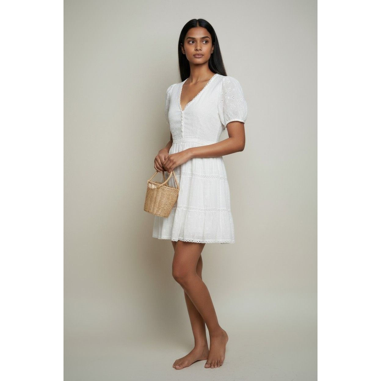 Other Lush Junior’s Puff Sleeve V-neck Tiered Dress, White, Sz. M Size M / US 6-8 / IT 42-44 - 2 Thumbnail