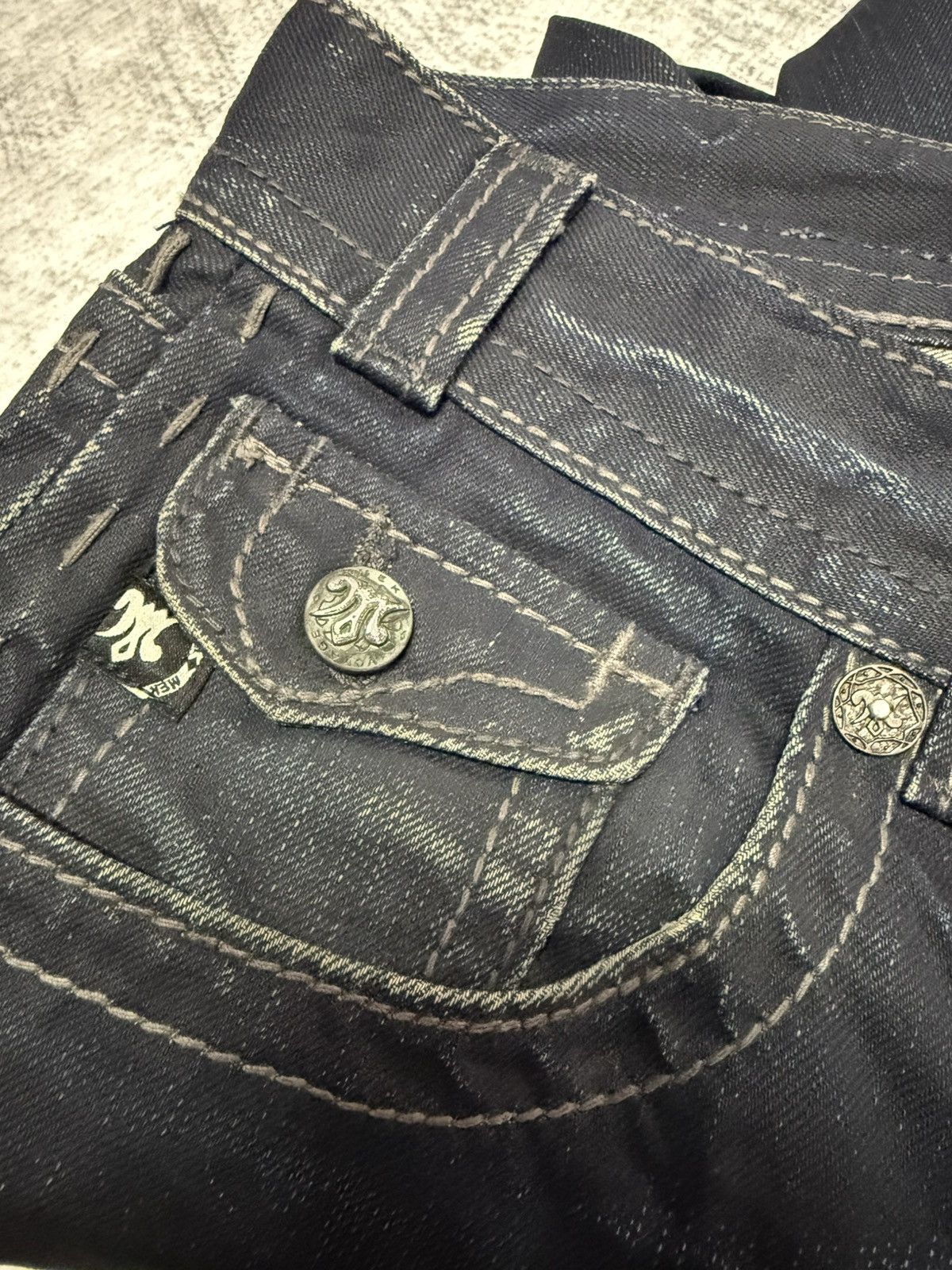 Japanese Brand × Mek Denim Mek Denim Wax Coated Studded Vegas Boot Cut Flared Jeans Size US 30 / EU 46 - 21 Thumbnail