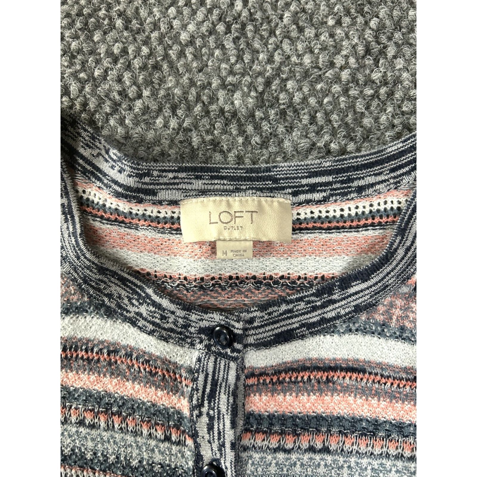Loft LOFT Cardigan Sweater Womens Medium Gray Pink Striped Crew Neck Knit Button Front Raglan Sleeve Size M / US 6-8 / IT 42-44 - 3 Thumbnail