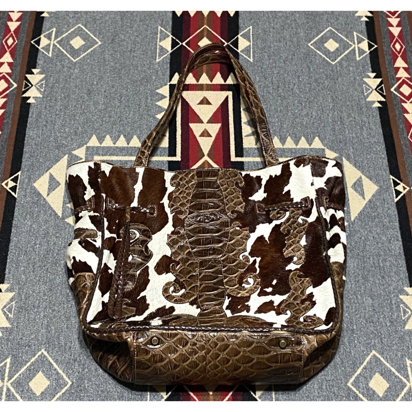 image of Vintage Marc And Marc By Sharif Large Leather Animal Hide Tote Bag - Gorgeous Bc in White, Women's