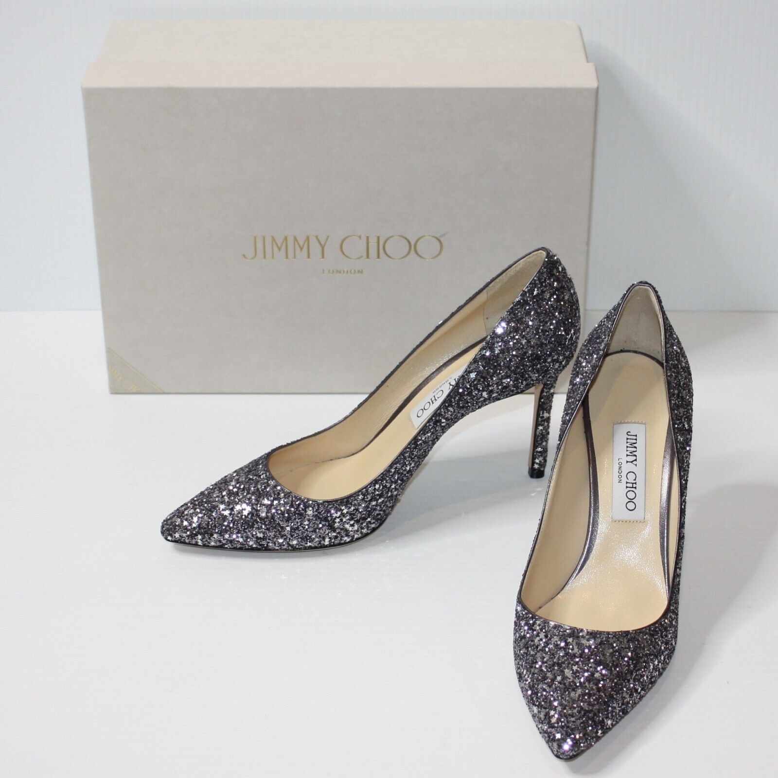 Jimmy Choo Romy 85 Gunmetal Star Coarse Glitter Pointy Toe Pump NEW Size US 10.5 / IT 40.5 - 1 Thumbnail