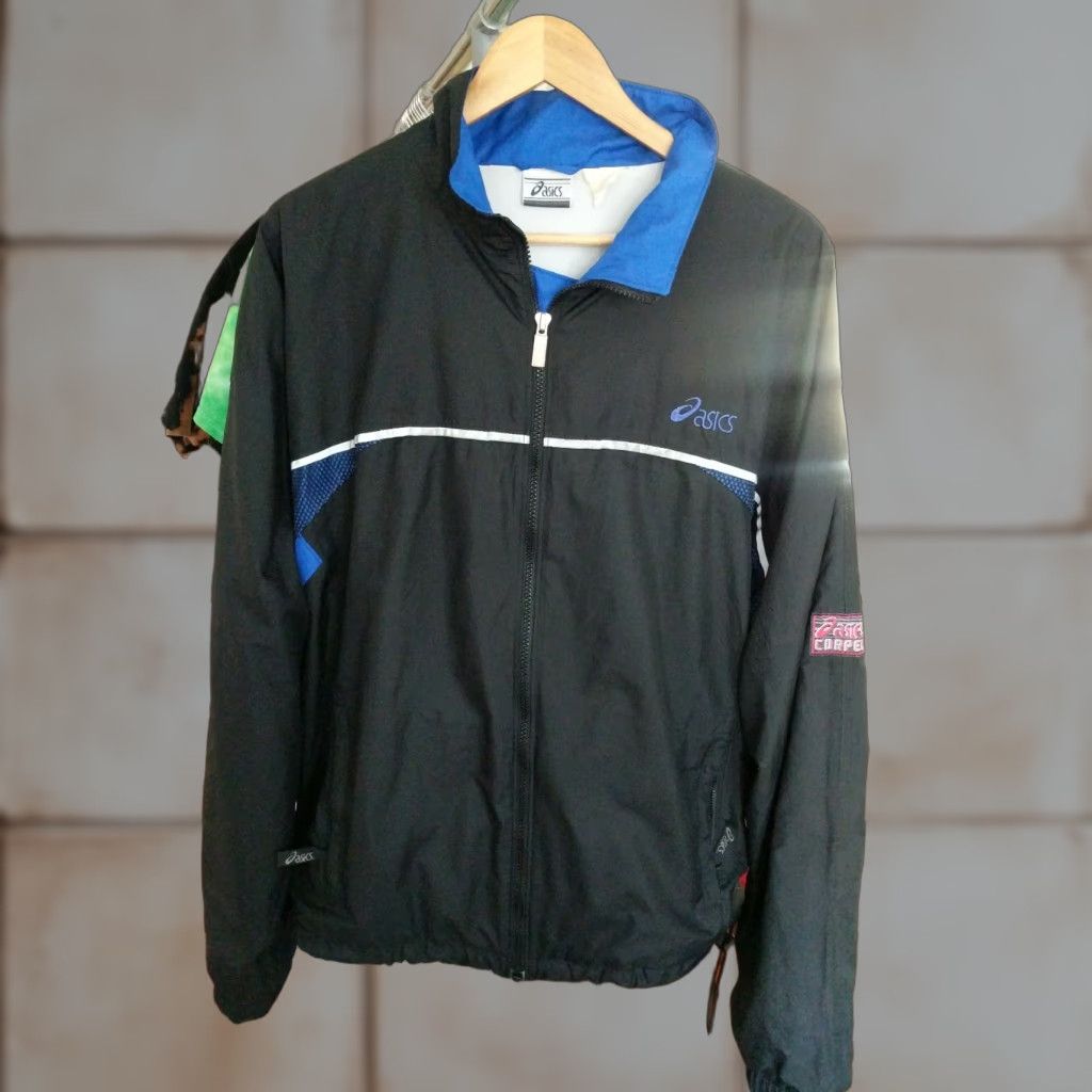 VINTAGE ASICS Corpel Black Windbreaker XL Men Full Zip 90s Jacket (Nylon) Regular Size 90s Men’s Windbreaker