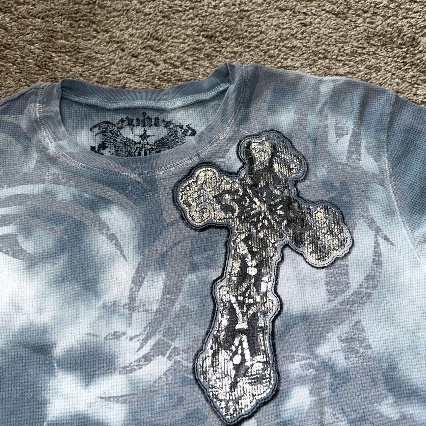 Vintage VINTAGE Devotion Shirt Mens Medium Crosses Thermal Grunge Long Sleeve Blue Y2K Size US M / EU 48-50 / 2 - 2 Thumbnail