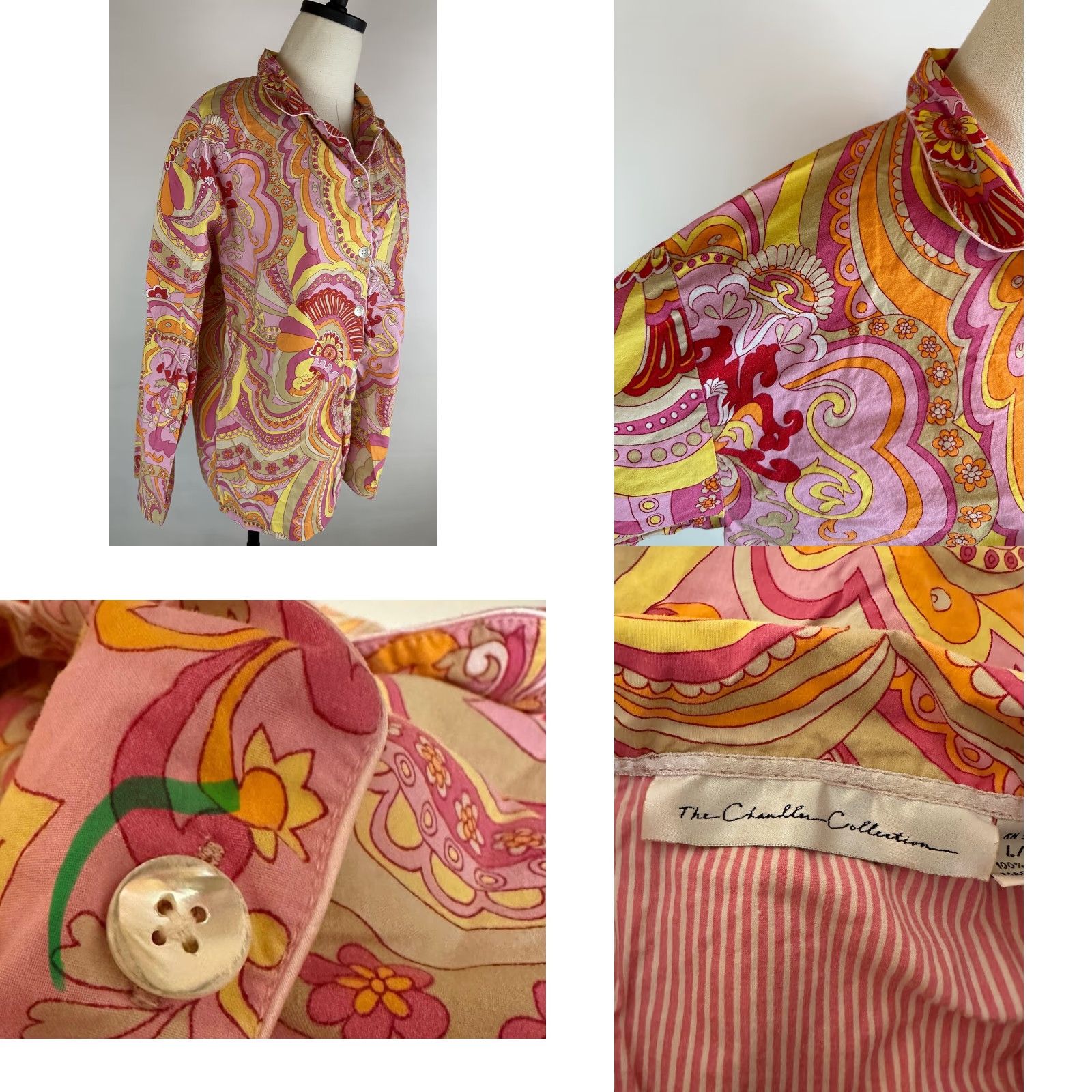 Vintage The Chandler Collection Pajama Top Women M Pink Paisley 90s Boho Y2K Collared Button Front Long Sleeve Size M / US 6-8 / IT 42-44 - 8 Thumbnail