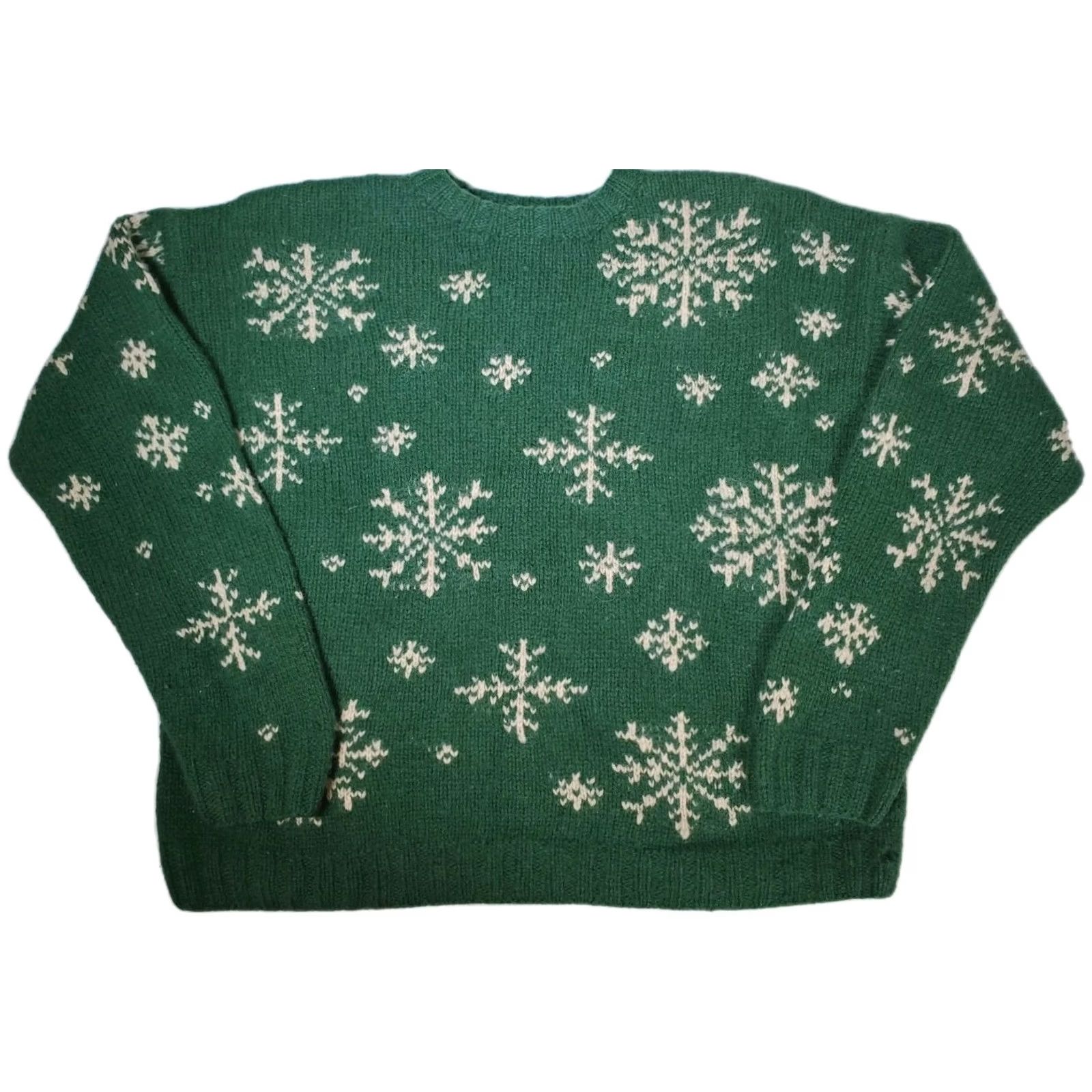 J.Crew VINTAGE J.CREW Forest Green Snowflake Crewneck Sweater 100% Wool Oversized Women's S Cats? Size S / US 4 / IT 40 - 2 Thumbnail