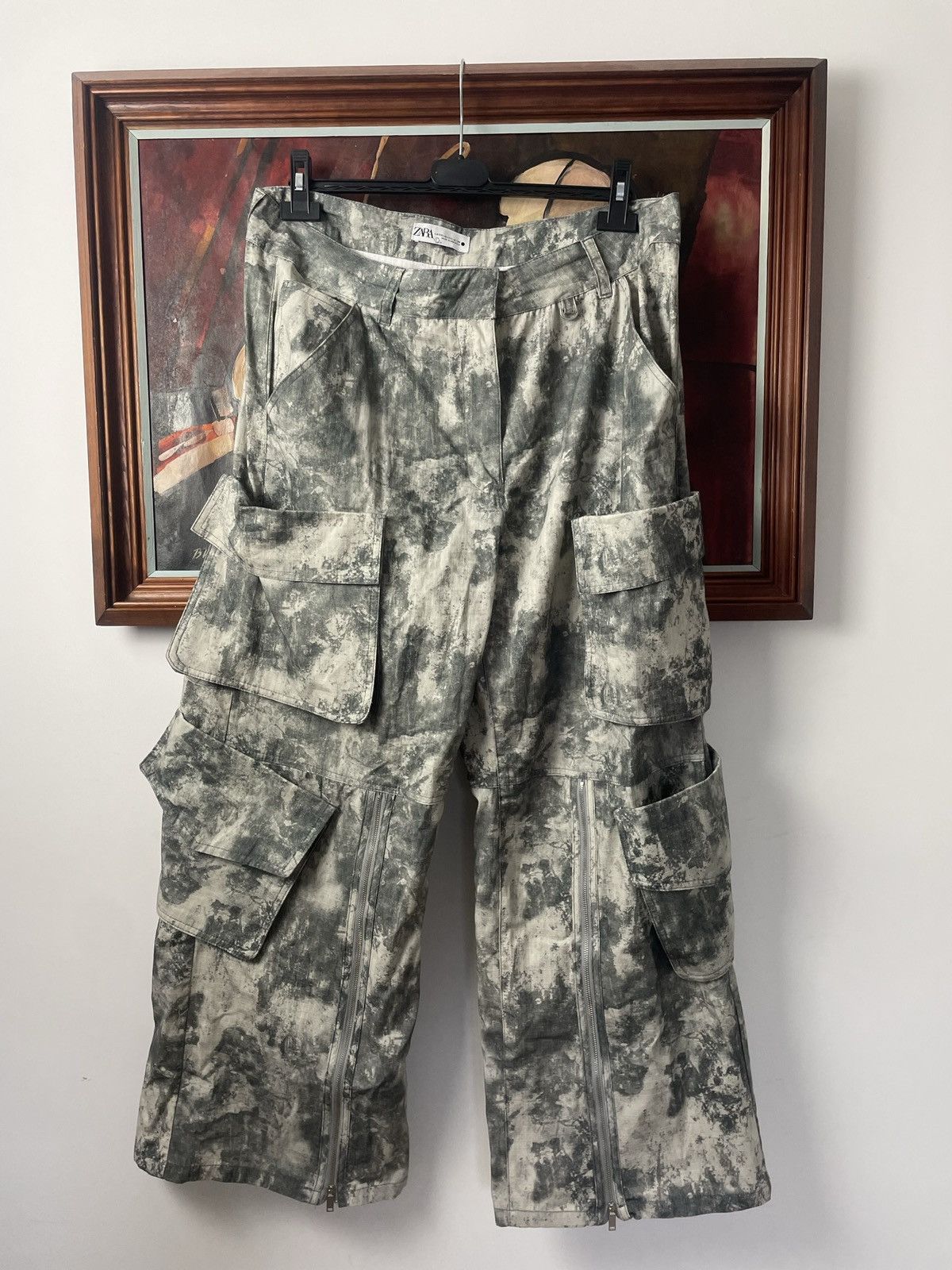 Zara Relaxed Oversize Cargo Pants Multipocket Snow Camo Rare