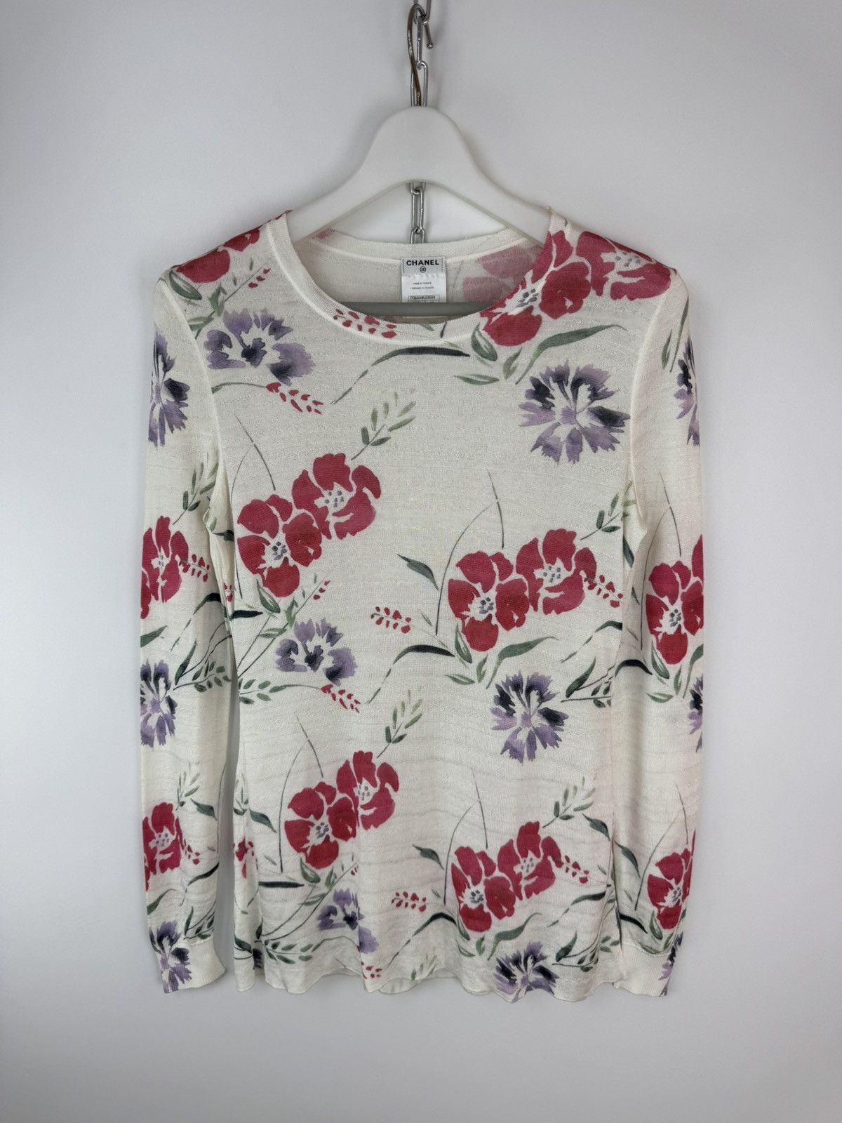 Chanel Floral Sweater Womens Knit Blouse Long Sleeve Size 40