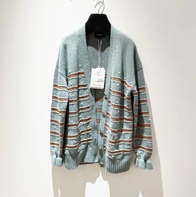 Chanel Chanel Green Cashmere Cardigan with Stripes 0089 Size S / US 4 / IT 40 - 1 Thumbnail