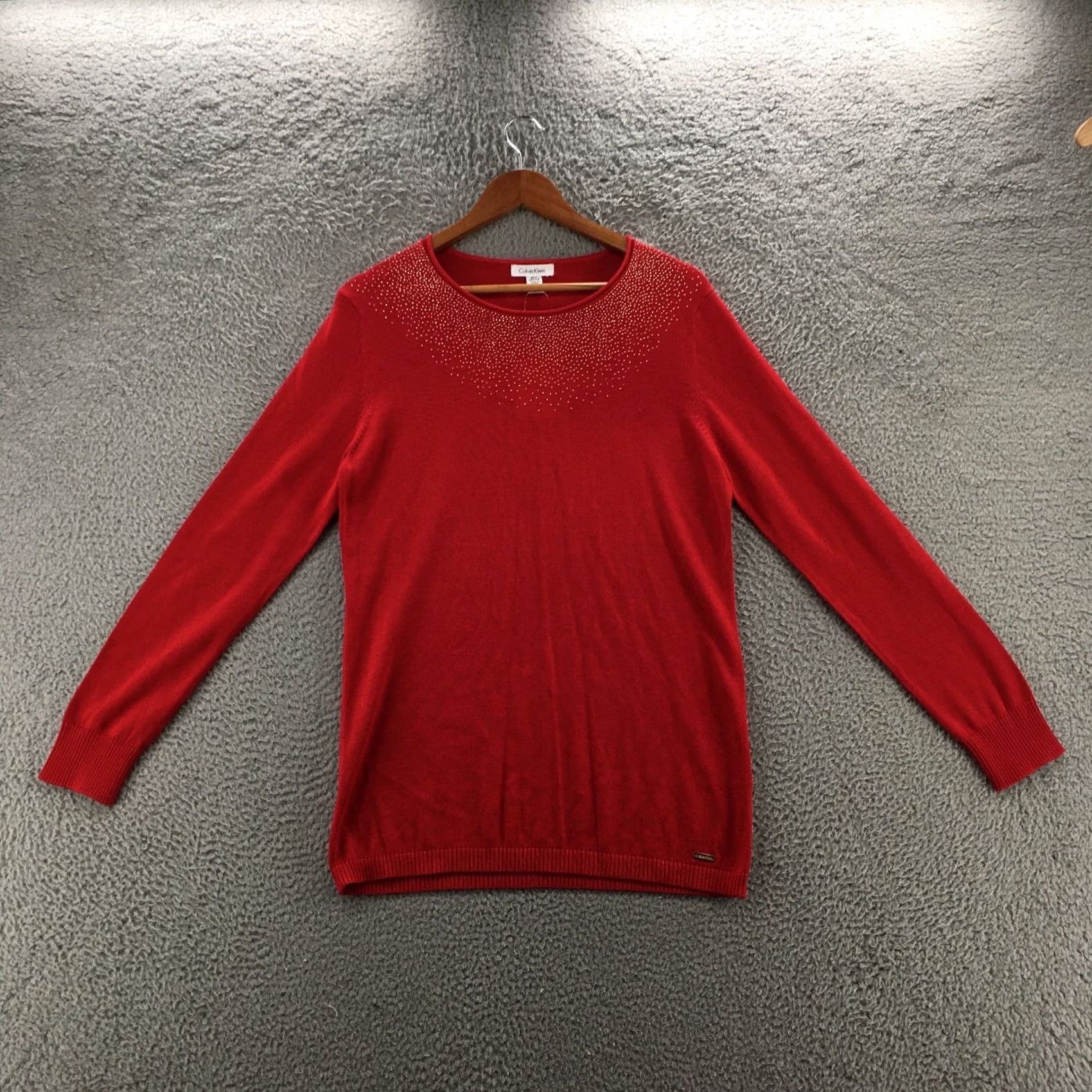 Calvin Klein Calvin Klein Collection Knit Tee Top Womens XL Red Cotton Blend Sequins Round Neck Pullover Shirt Womens XL Red Sequins Knit Tee Top Size XL / US 12-14 / IT 48-50 - 2 Thumbnail
