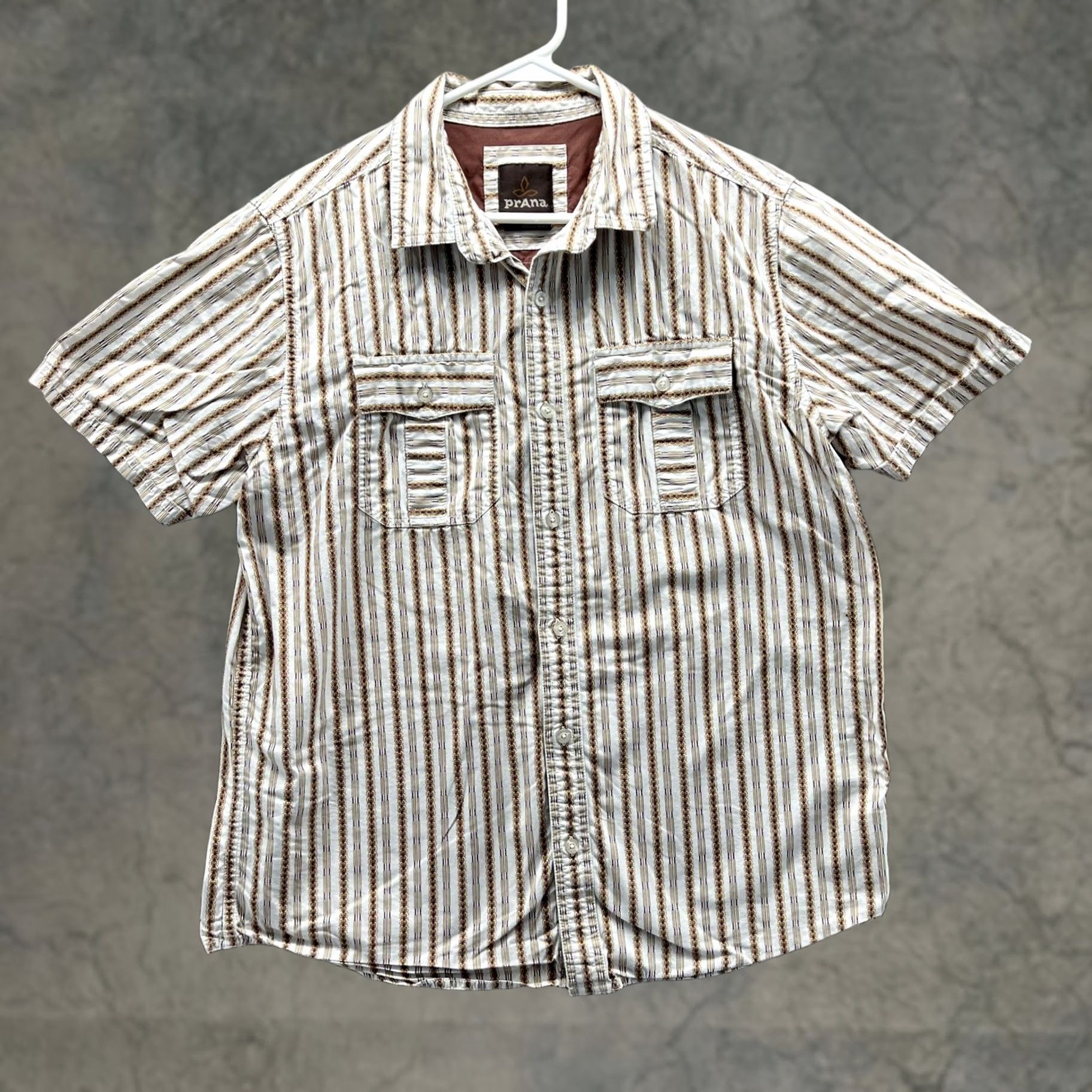 Prana prAna Shirt Mens Medium Brown Stripe Short Sleeve Button Front Casual Woven Size US M / EU 48-50 / 2 - 1 Thumbnail
