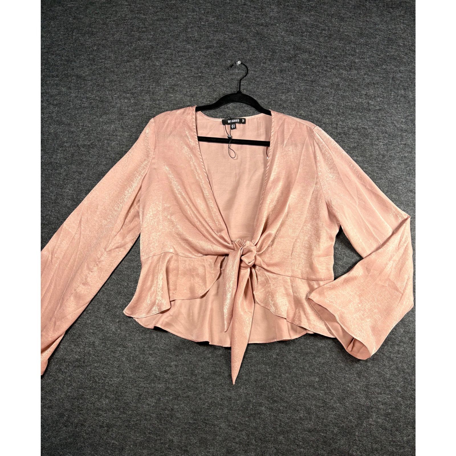 Missguided Missguided Pink Satin Tie Front Blouse Peplum Long Sleeve Size L / US 10 / IT 46 - 2 Thumbnail
