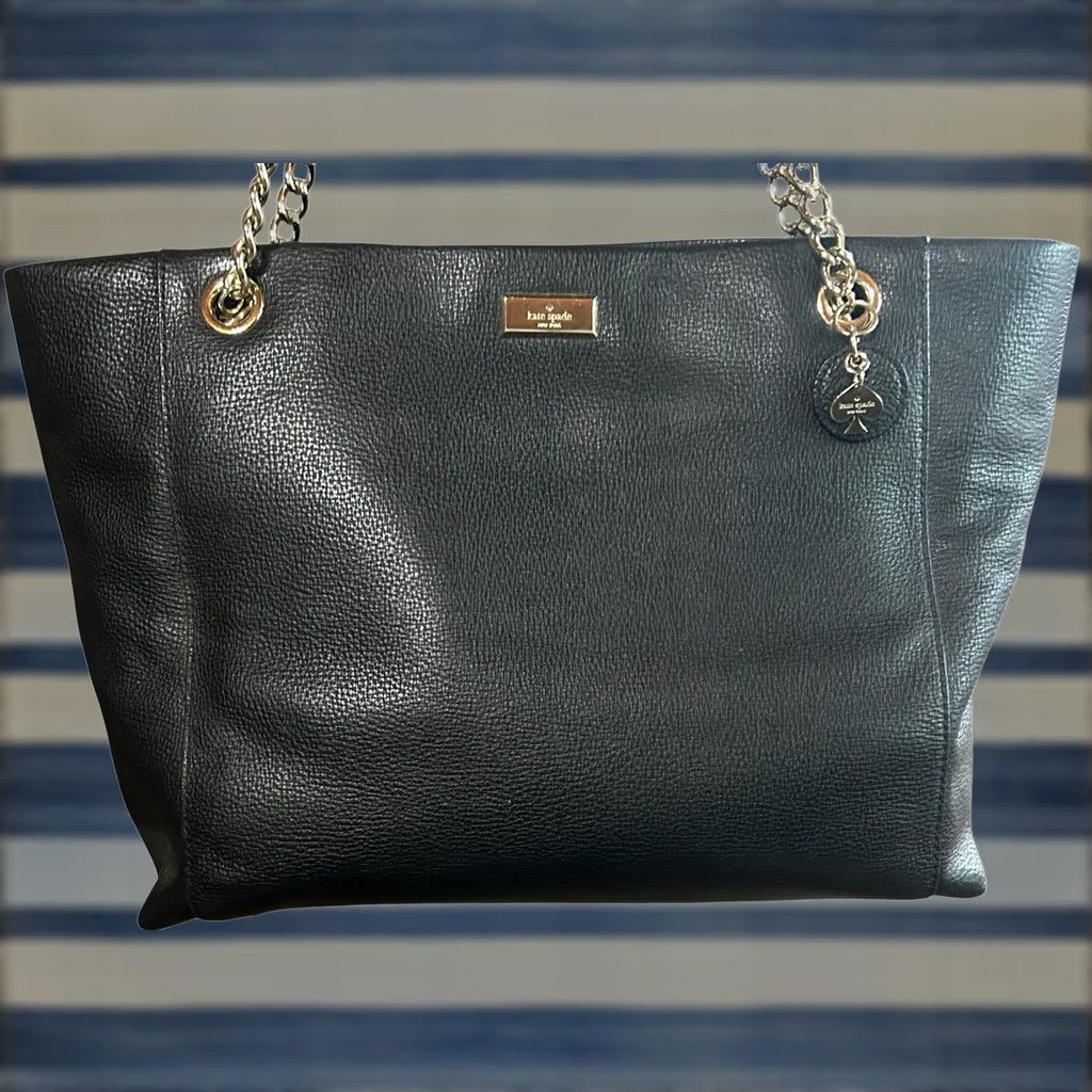 Vintage kate spade new york Black Leather Tote Shoulder Bag W/Chain Straps Women Purse Size ONE SIZE - 1 Thumbnail